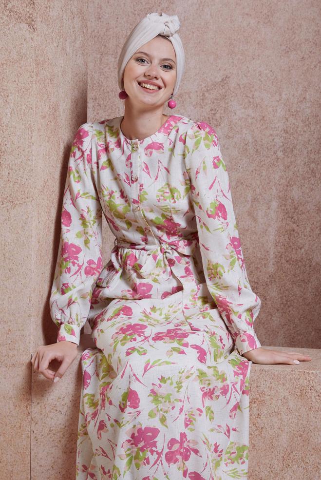 Tesettür giyim BEJ KUŞAKLI KETEN DOKULU ELBİSE 44720 - ALVİNA