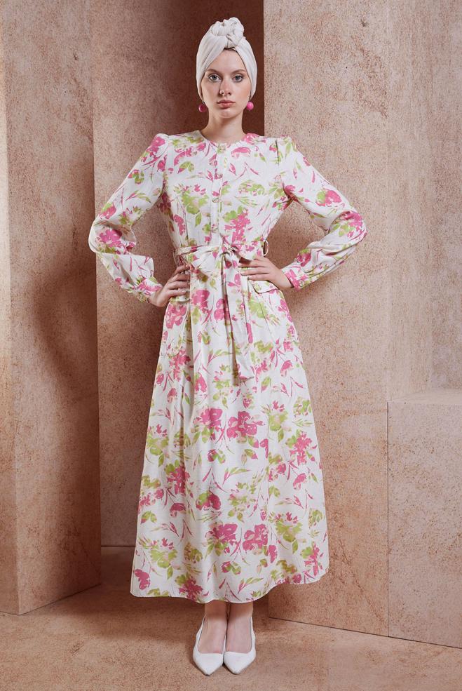 Tesettür giyim BEJ KUŞAKLI KETEN DOKULU ELBİSE 44720 - ALVİNA