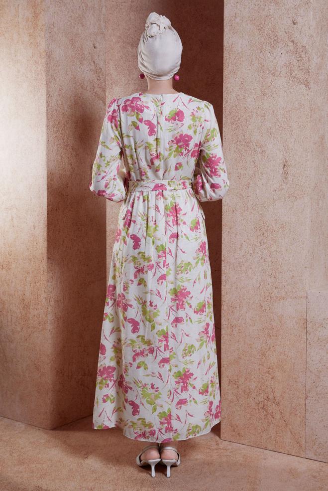 Tesettür giyim BEJ KUŞAKLI KETEN DOKULU ELBİSE 44720 - ALVİNA