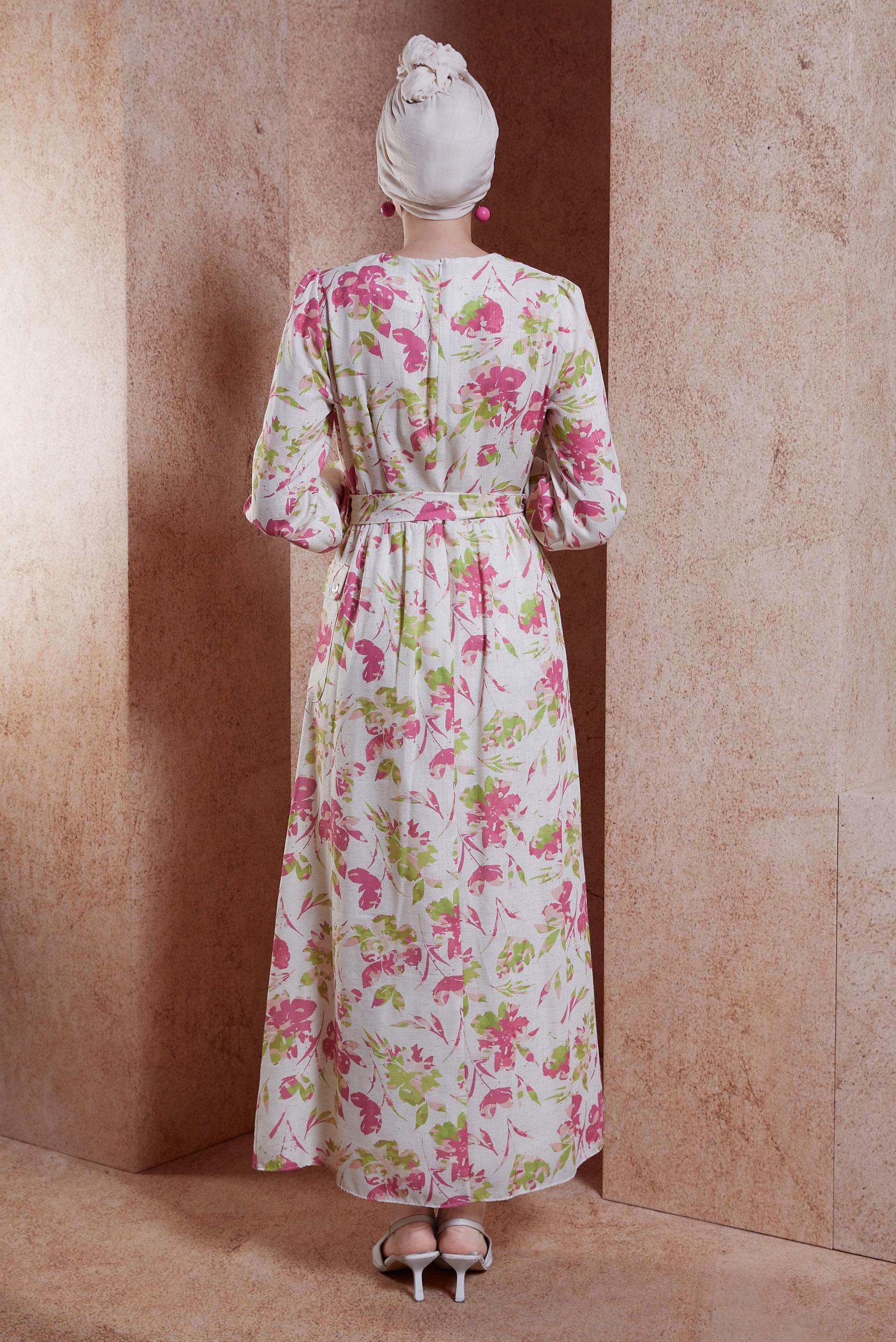 Tesettür giyim BEJ KUŞAKLI KETEN DOKULU ELBİSE 44720