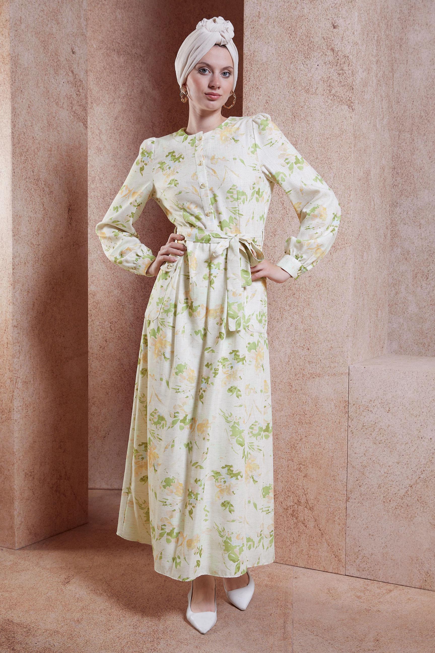 Tesettür giyim BEJ KUŞAKLI KETEN DOKULU ELBİSE 44720