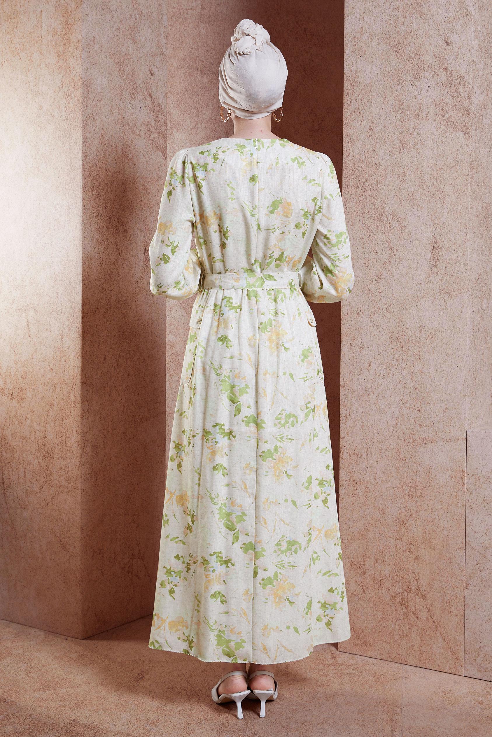 Tesettür giyim BEJ KUŞAKLI KETEN DOKULU ELBİSE 44720