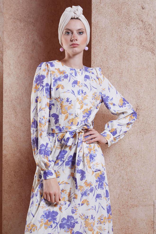 Tesettür giyim BEJ KUŞAKLI KETEN DOKULU ELBİSE 44720 - ALVİNA