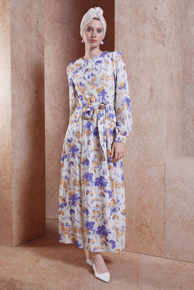 Tesettür giyim BEJ KUŞAKLI KETEN DOKULU ELBİSE 44720 - ALVİNA