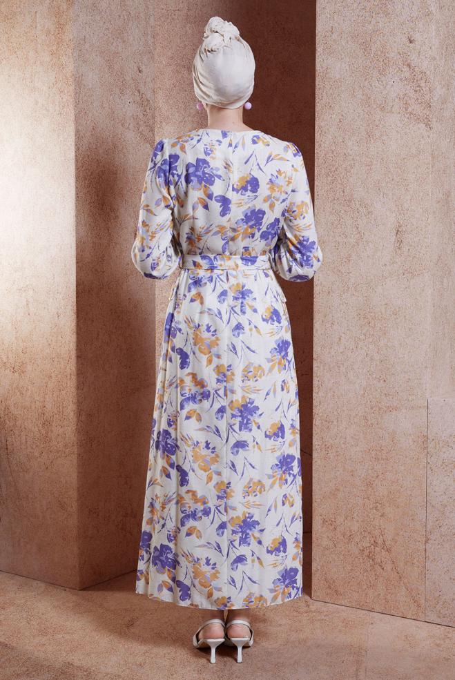 Tesettür giyim BEJ KUŞAKLI KETEN DOKULU ELBİSE 44720 - ALVİNA