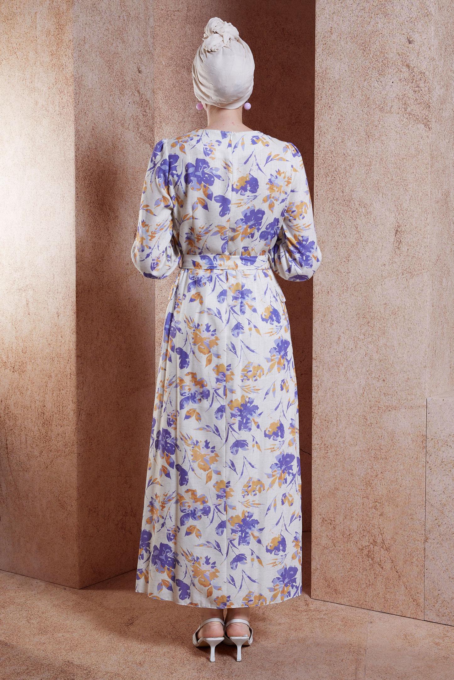 Tesettür giyim BEJ KUŞAKLI KETEN DOKULU ELBİSE 44720