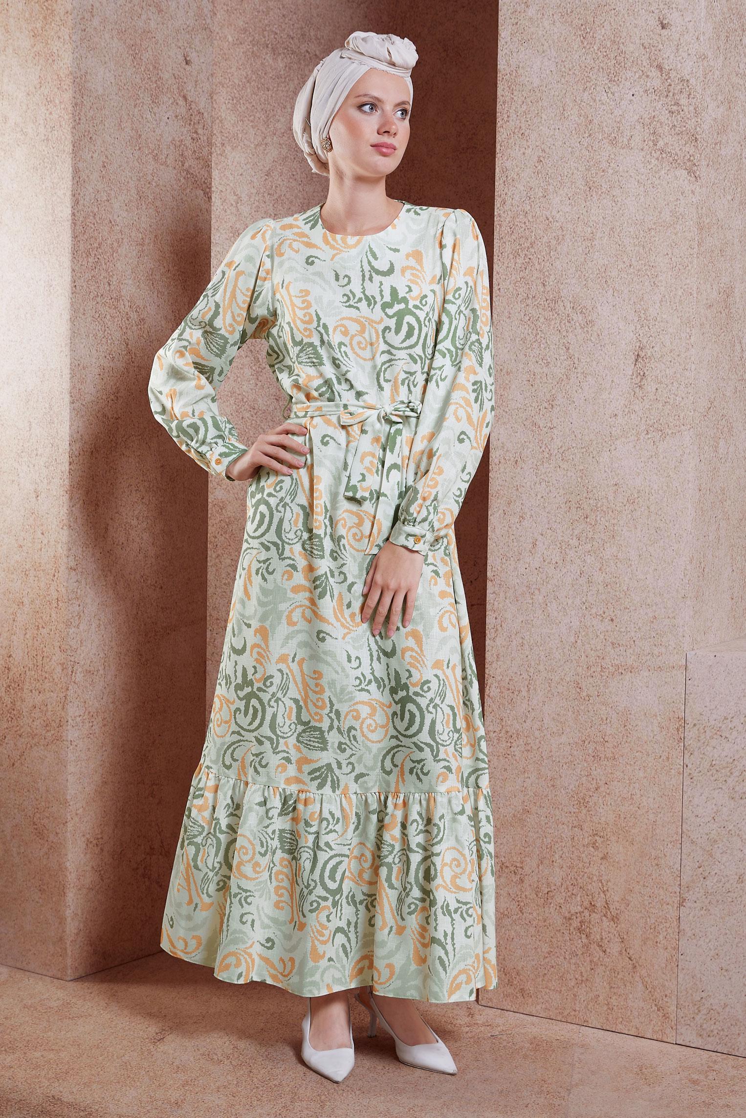 Tesettür giyim YEŞİL KUŞAKLI DESENLİ ELBİSE 44791