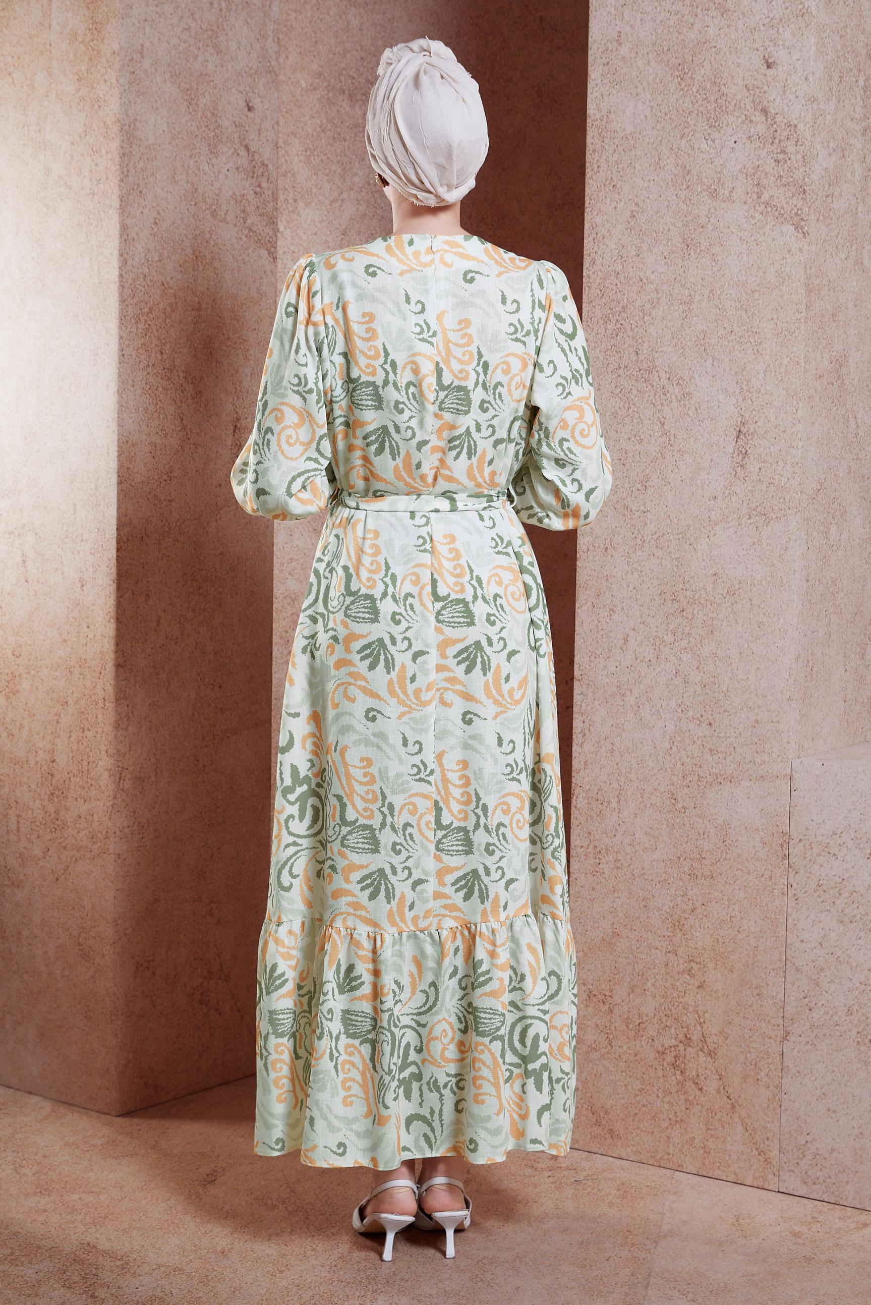 Tesettür giyim YEŞİL KUŞAKLI DESENLİ ELBİSE 44791