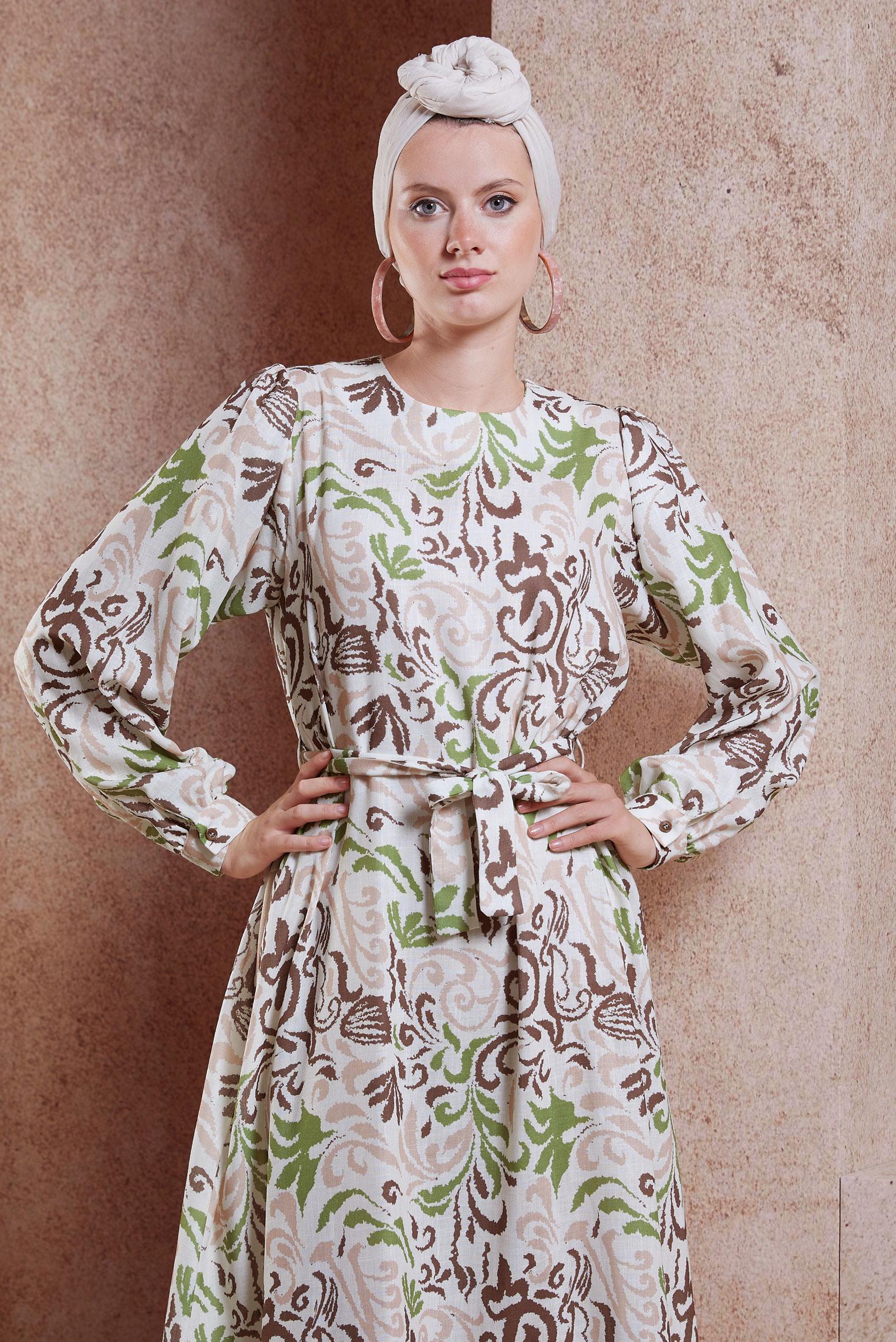 Tesettür giyim KAHVE KUŞAKLI DESENLİ ELBİSE 44791