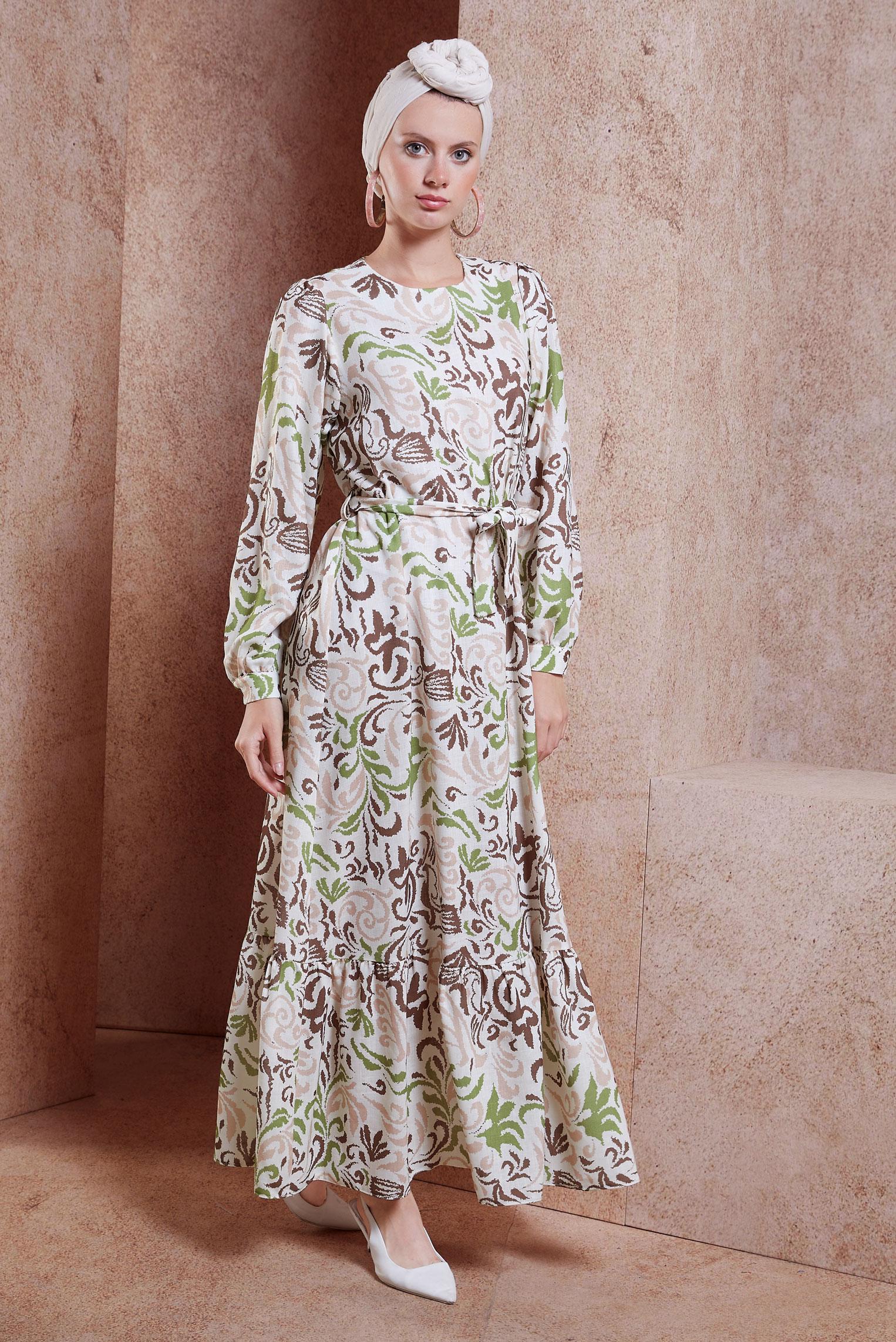 Tesettür giyim KAHVE KUŞAKLI DESENLİ ELBİSE 44791