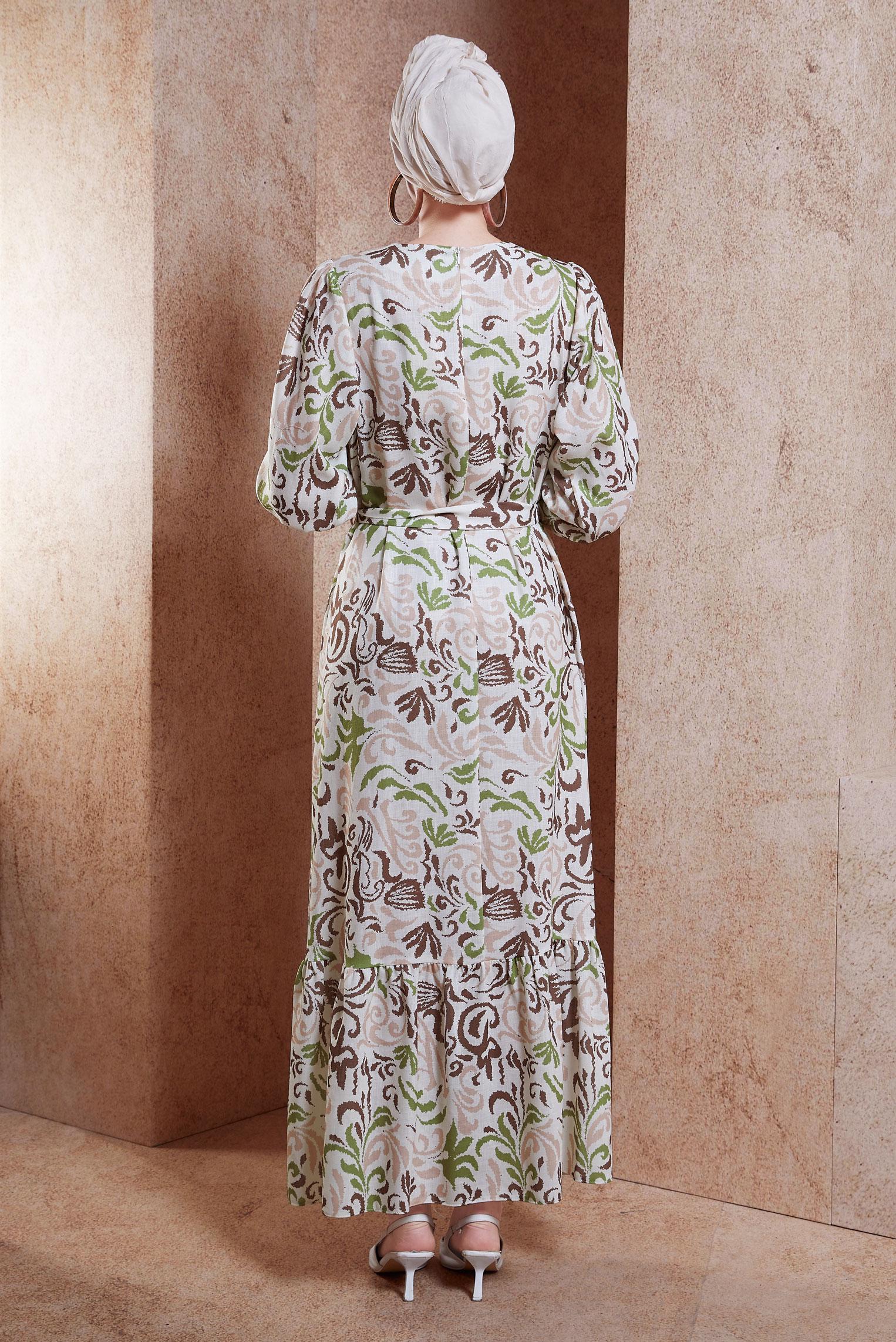 Tesettür giyim KAHVE KUŞAKLI DESENLİ ELBİSE 44791