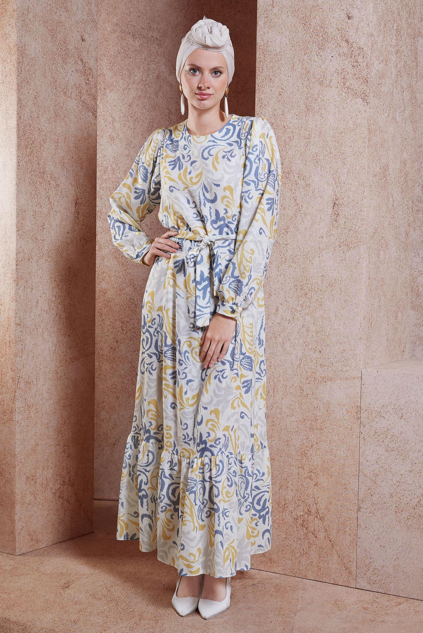 Tesettür giyim LACİVERT KUŞAKLI DESENLİ ELBİSE 44791