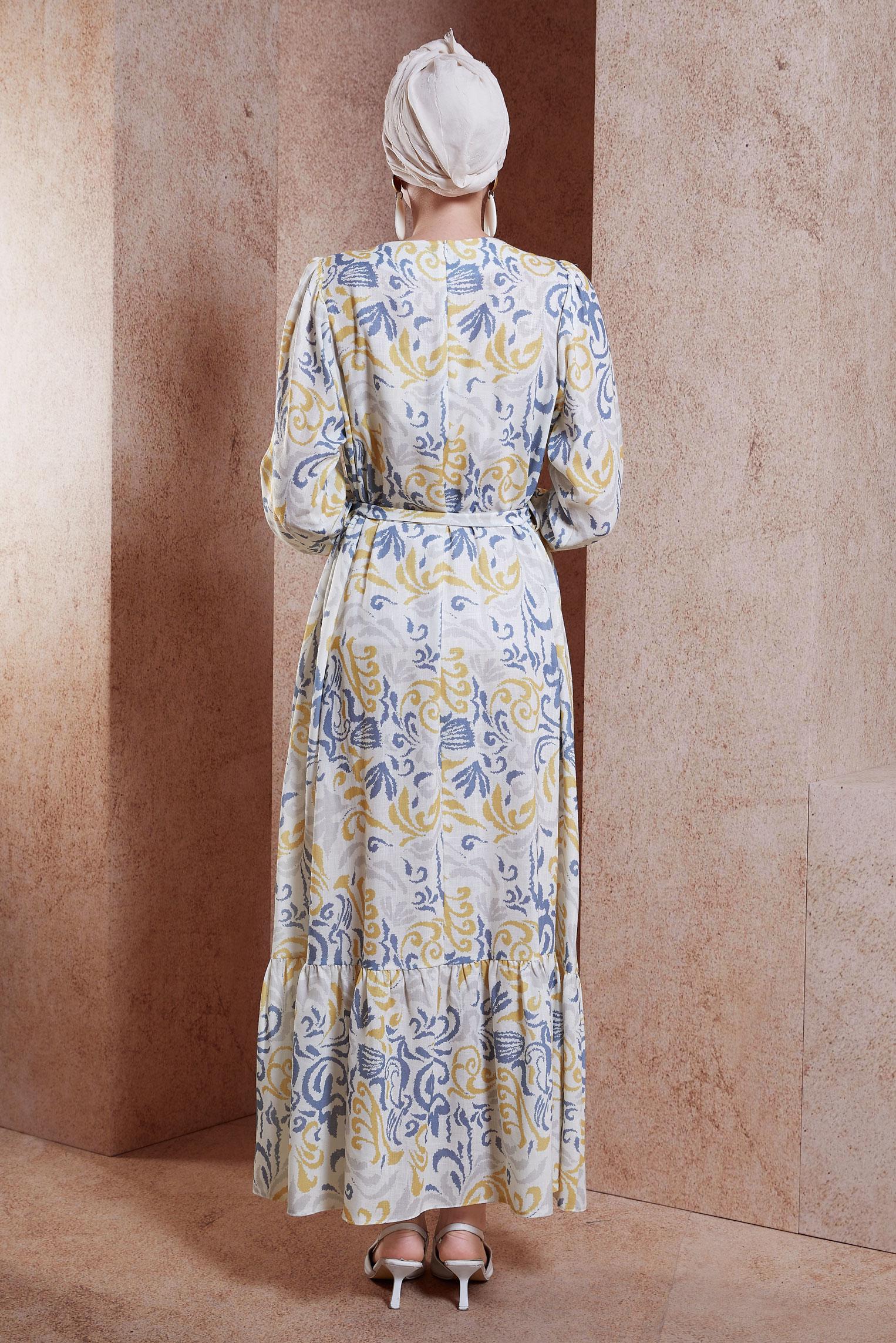 Tesettür giyim LACİVERT KUŞAKLI DESENLİ ELBİSE 44791