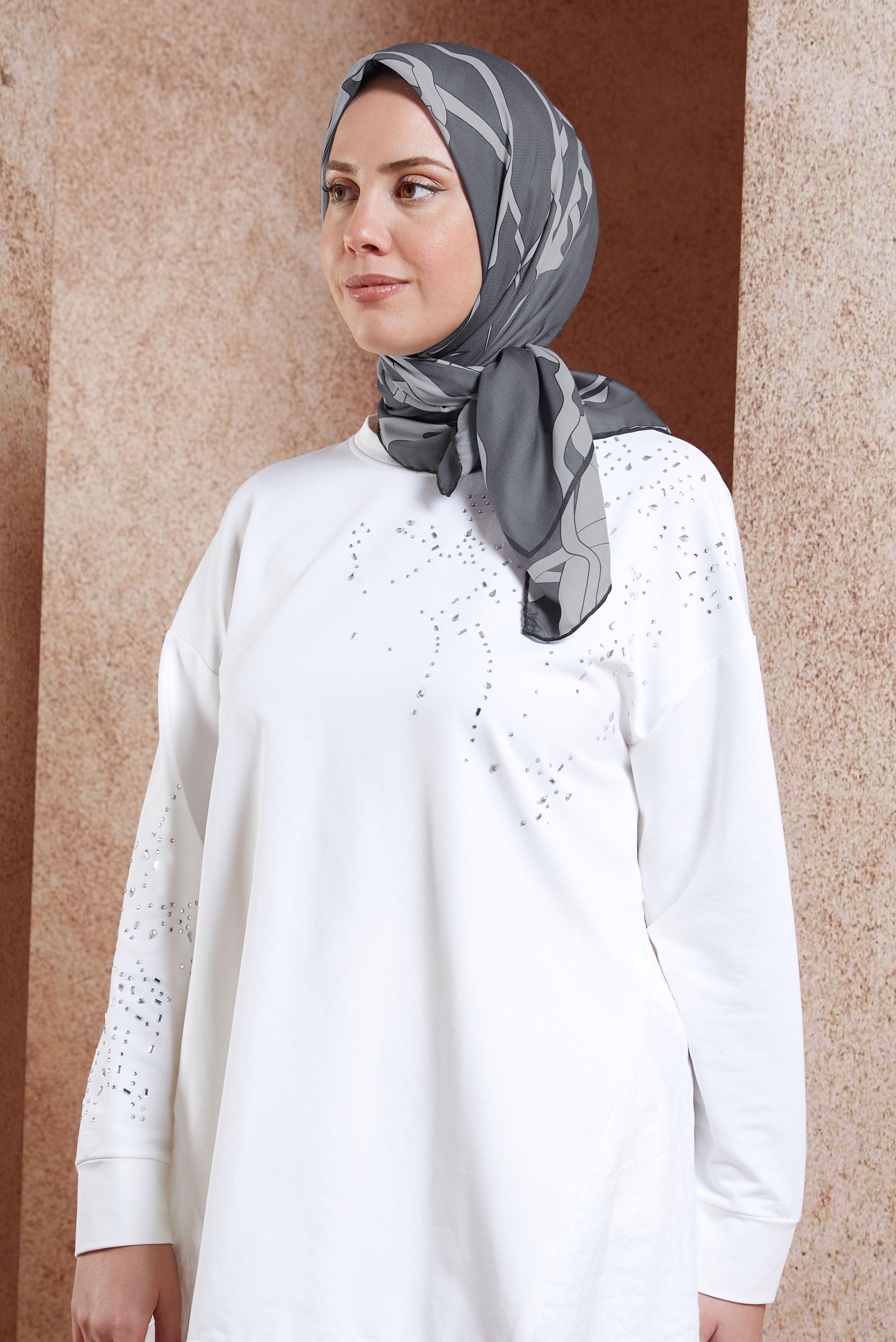 Tesettür giyim GRİ ALVİNA DESENLİ EŞARP 7975