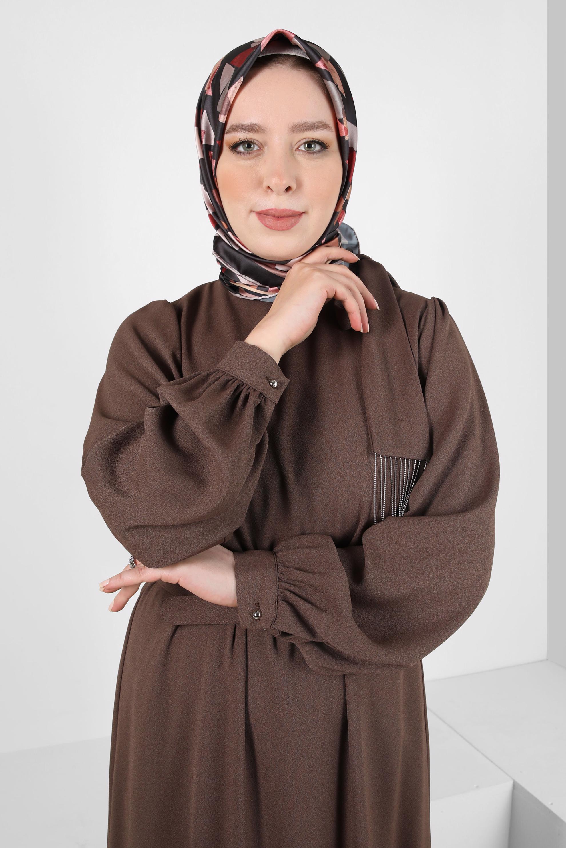 Tesettür giyim KAHVE ALVİNA DESENLİ EŞARP 8408