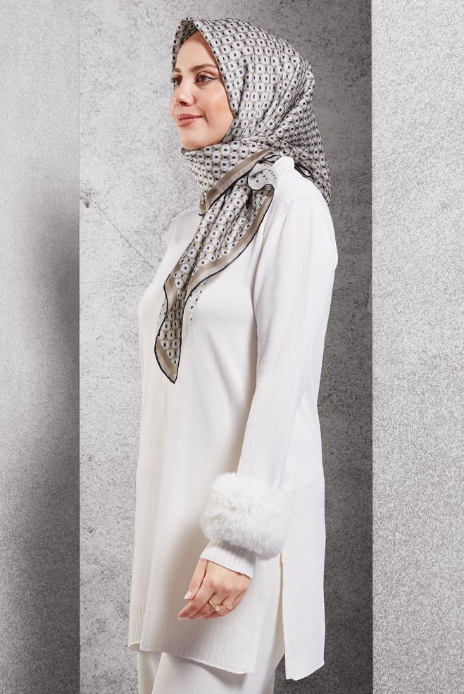 Tesettür giyim VİZON ALVİNA DESENLİ İPEK EŞARP 51342 - ALVİNA