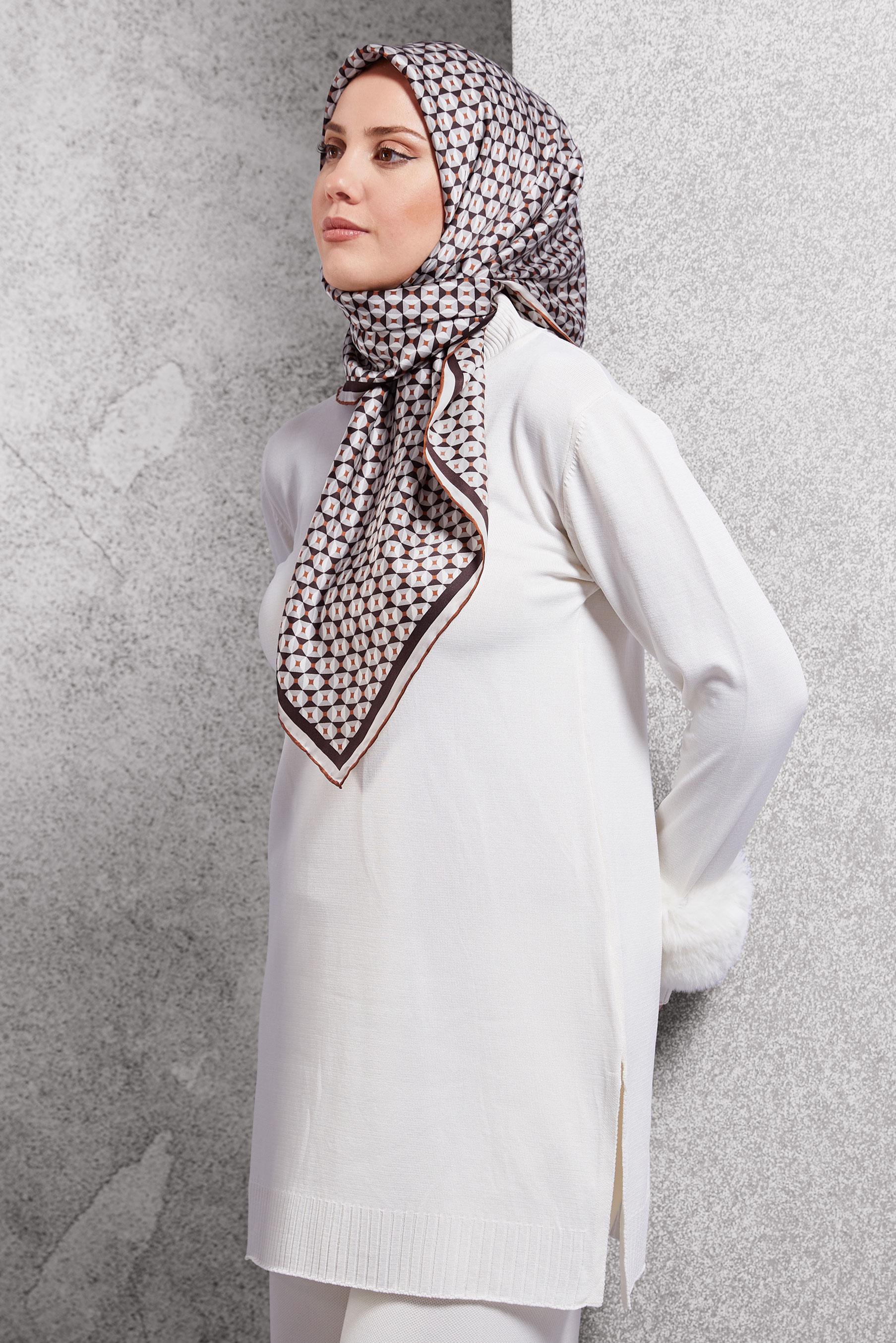 Tesettür giyim TABA ALVİNA DESENLİ İPEK EŞARP 51342