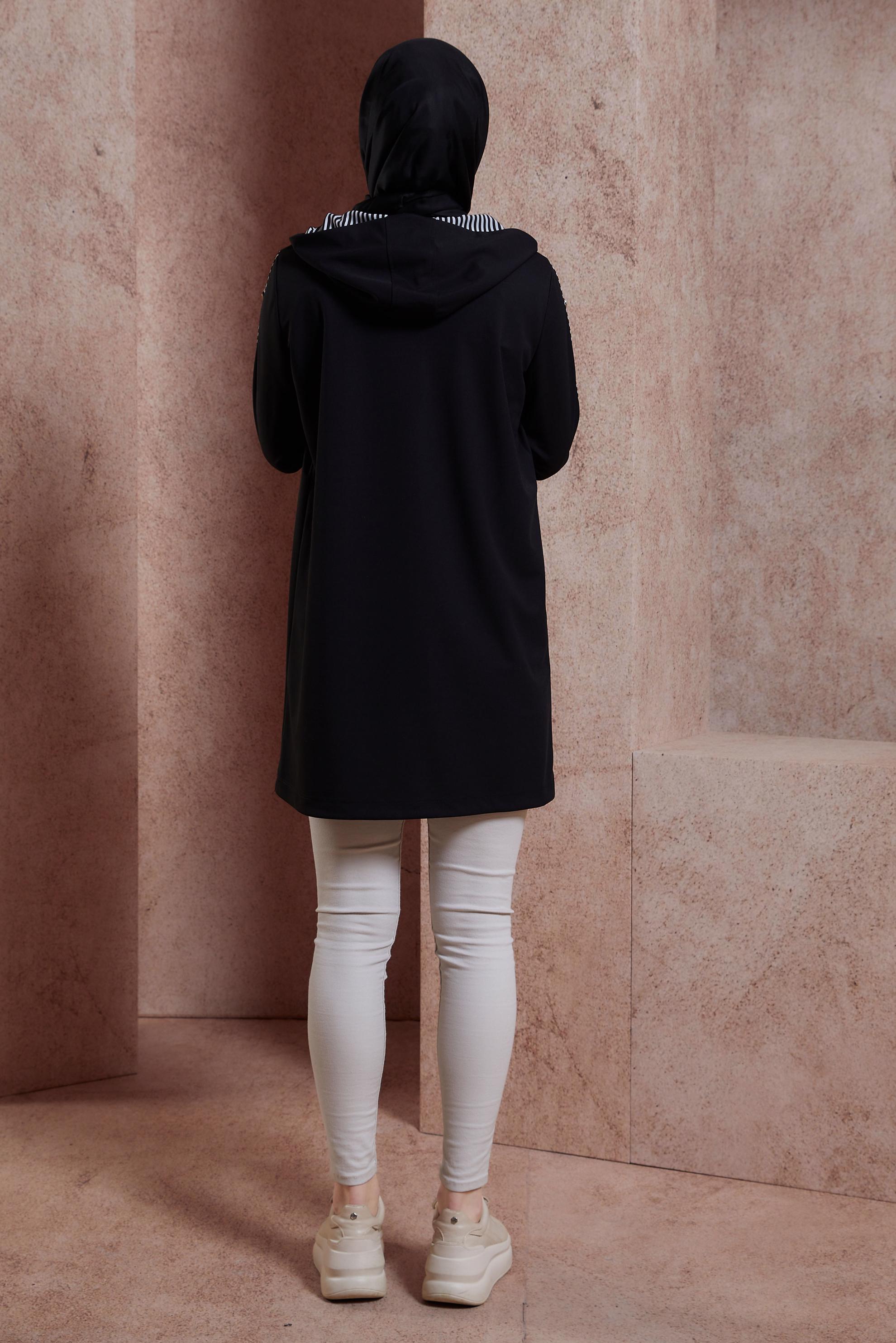Tesettür giyim SİYAH KAPÜŞONLU EŞOFMAN TUNİK 43783