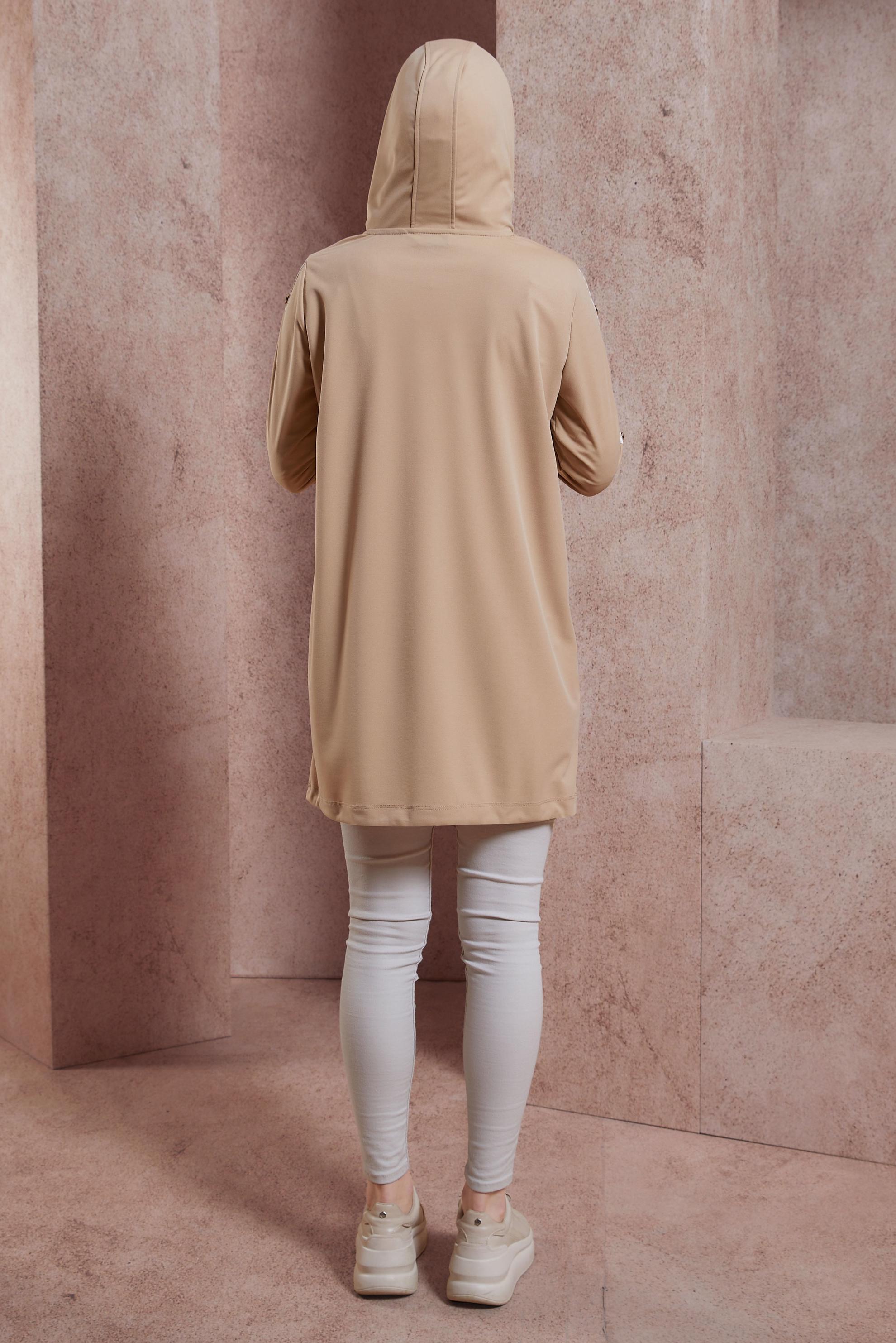 Tesettür giyim BEJ KAPÜŞONLU EŞOFMAN TUNİK 43783