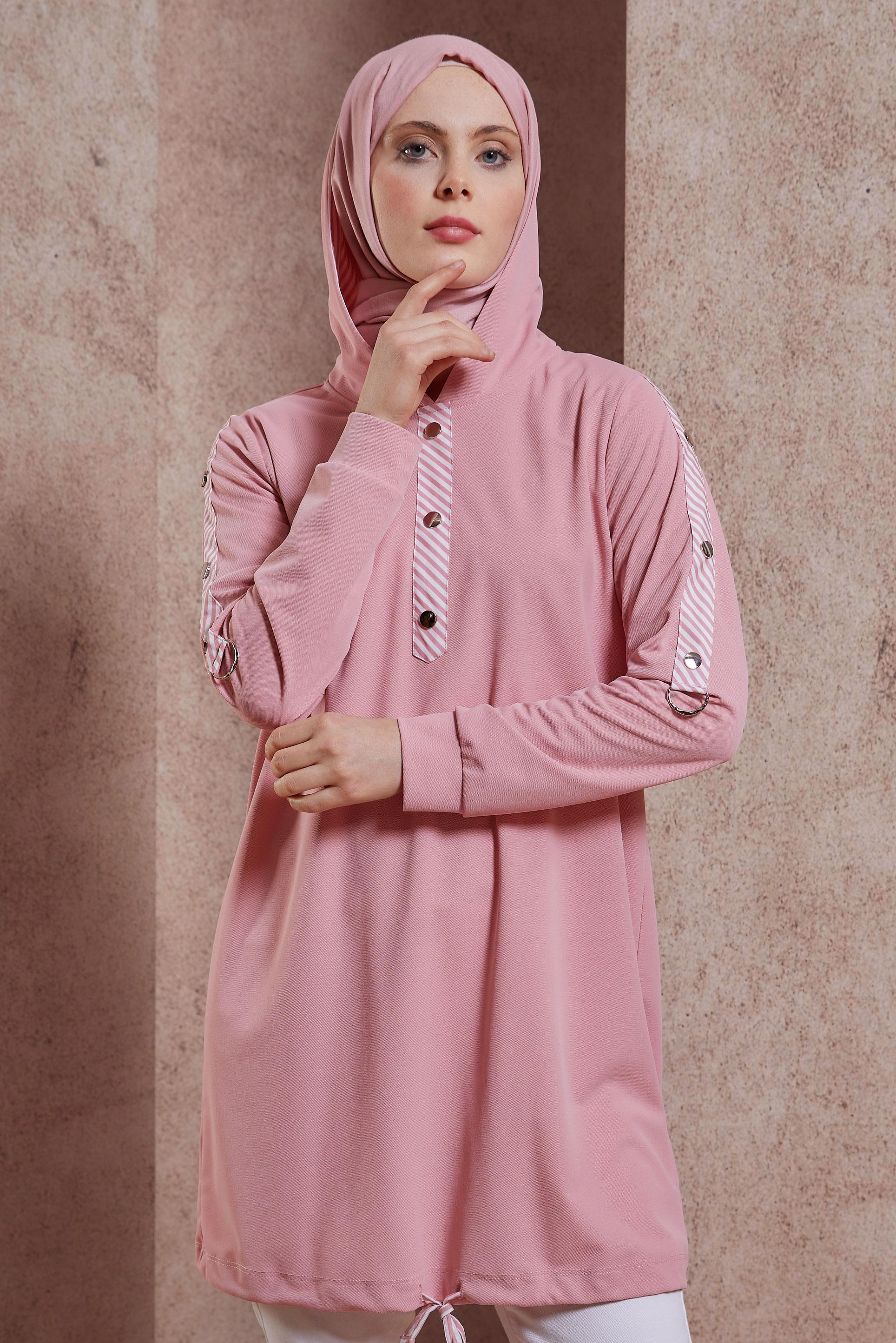 Tesettür giyim PUDRA KAPÜŞONLU EŞOFMAN TUNİK 43783