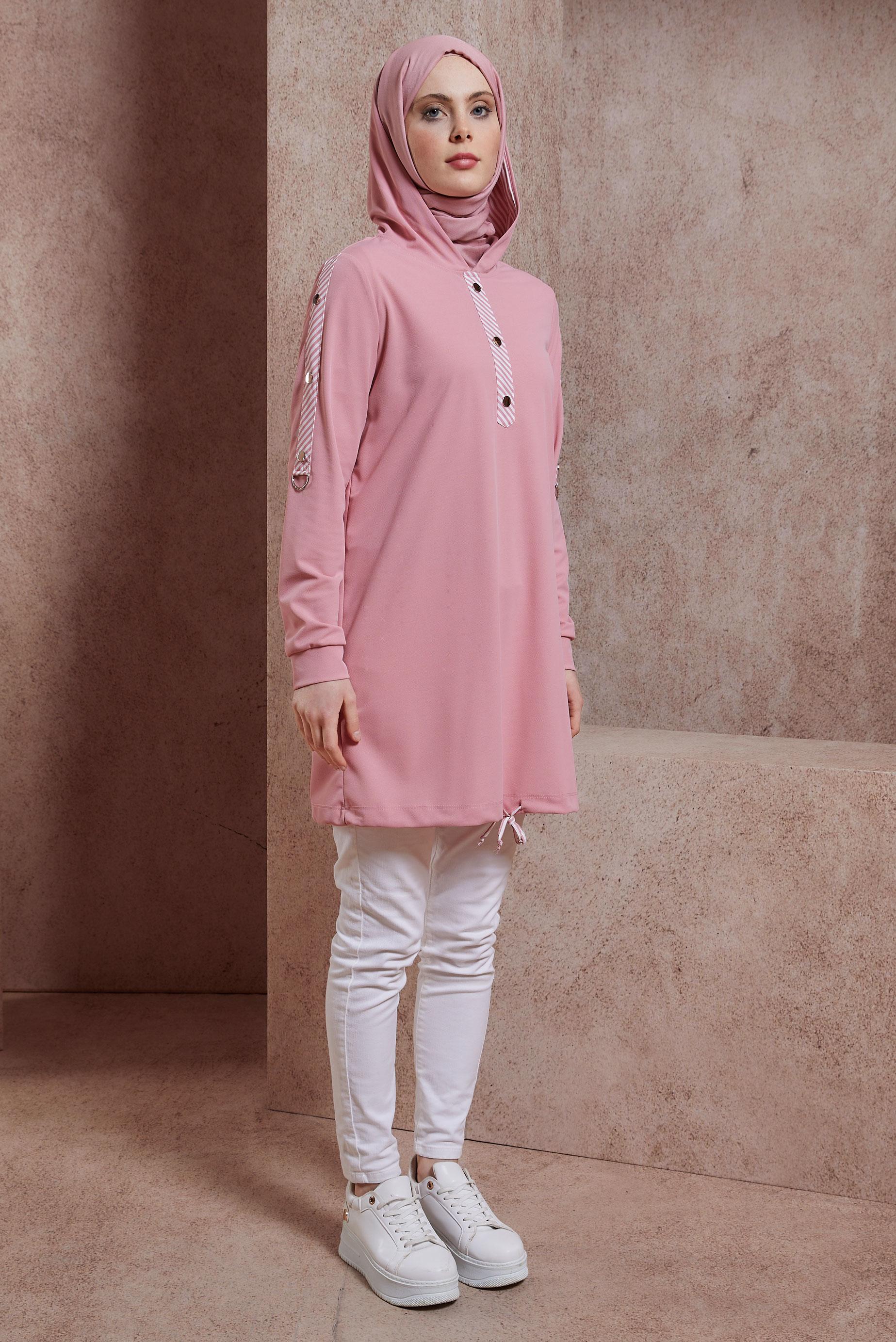 Tesettür giyim PUDRA KAPÜŞONLU EŞOFMAN TUNİK 43783