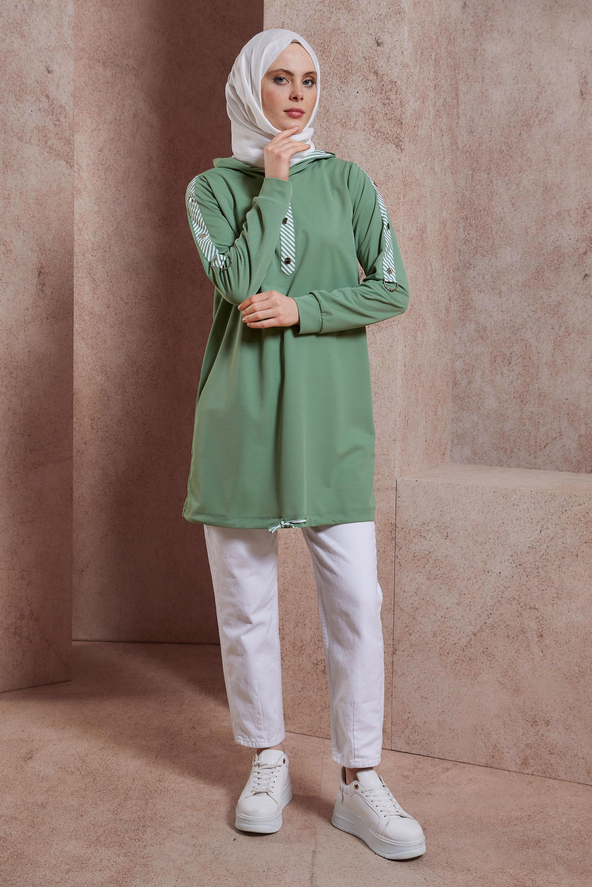Tesettür giyim YEŞİL KAPÜŞONLU EŞOFMAN TUNİK 43783