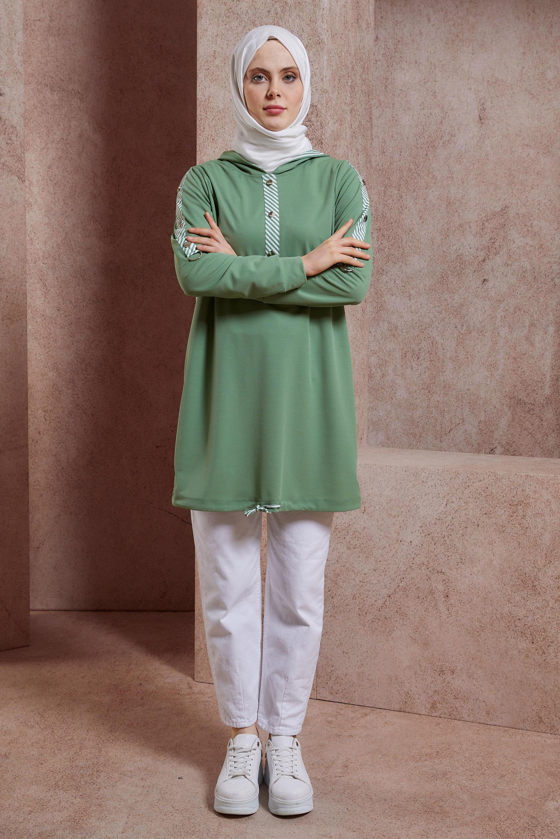 Tesettür giyim YEŞİL KAPÜŞONLU EŞOFMAN TUNİK 43783