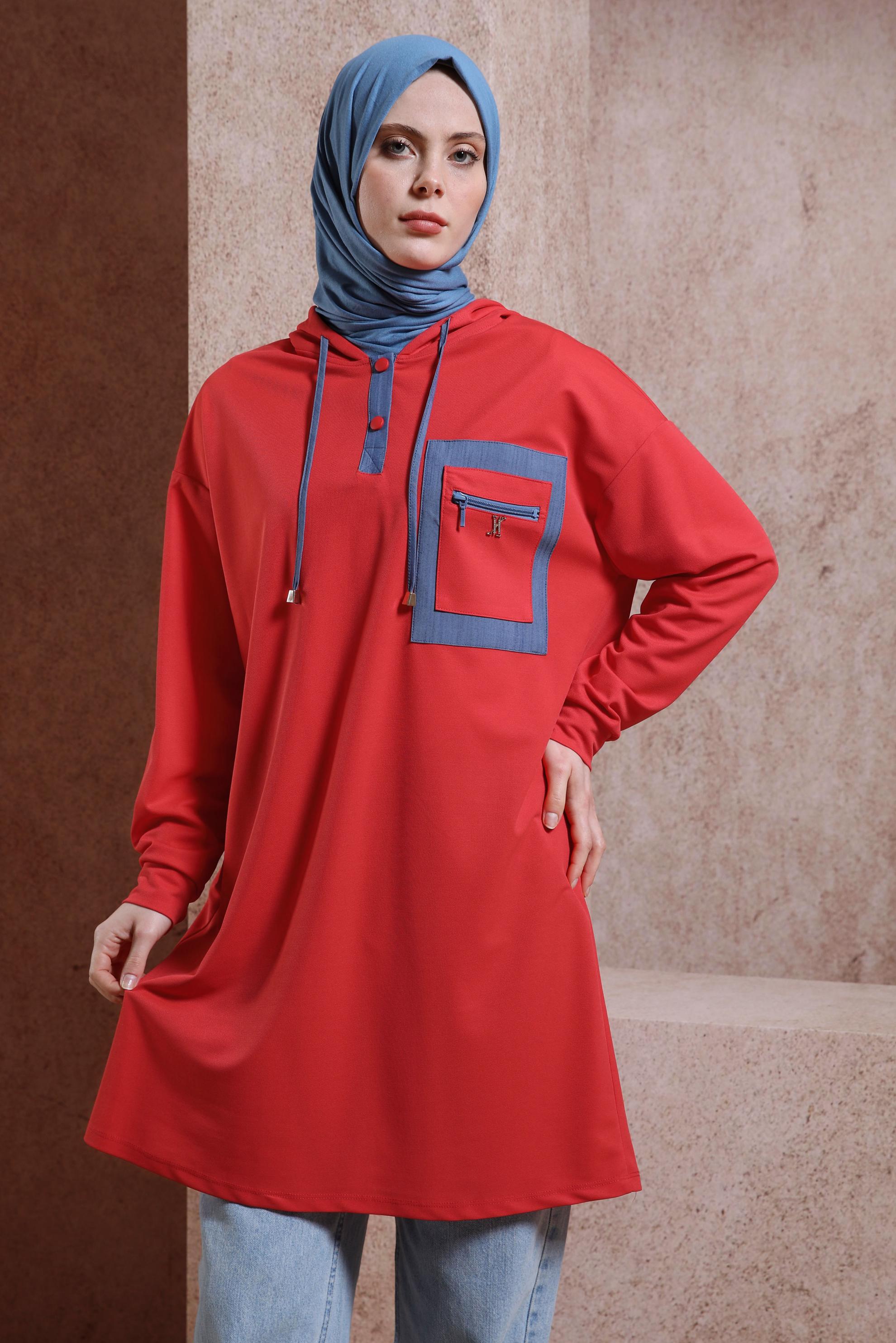 Tesettür giyim KIRMIZI KAPÜŞONLU EŞOFMAN TUNİK 43846