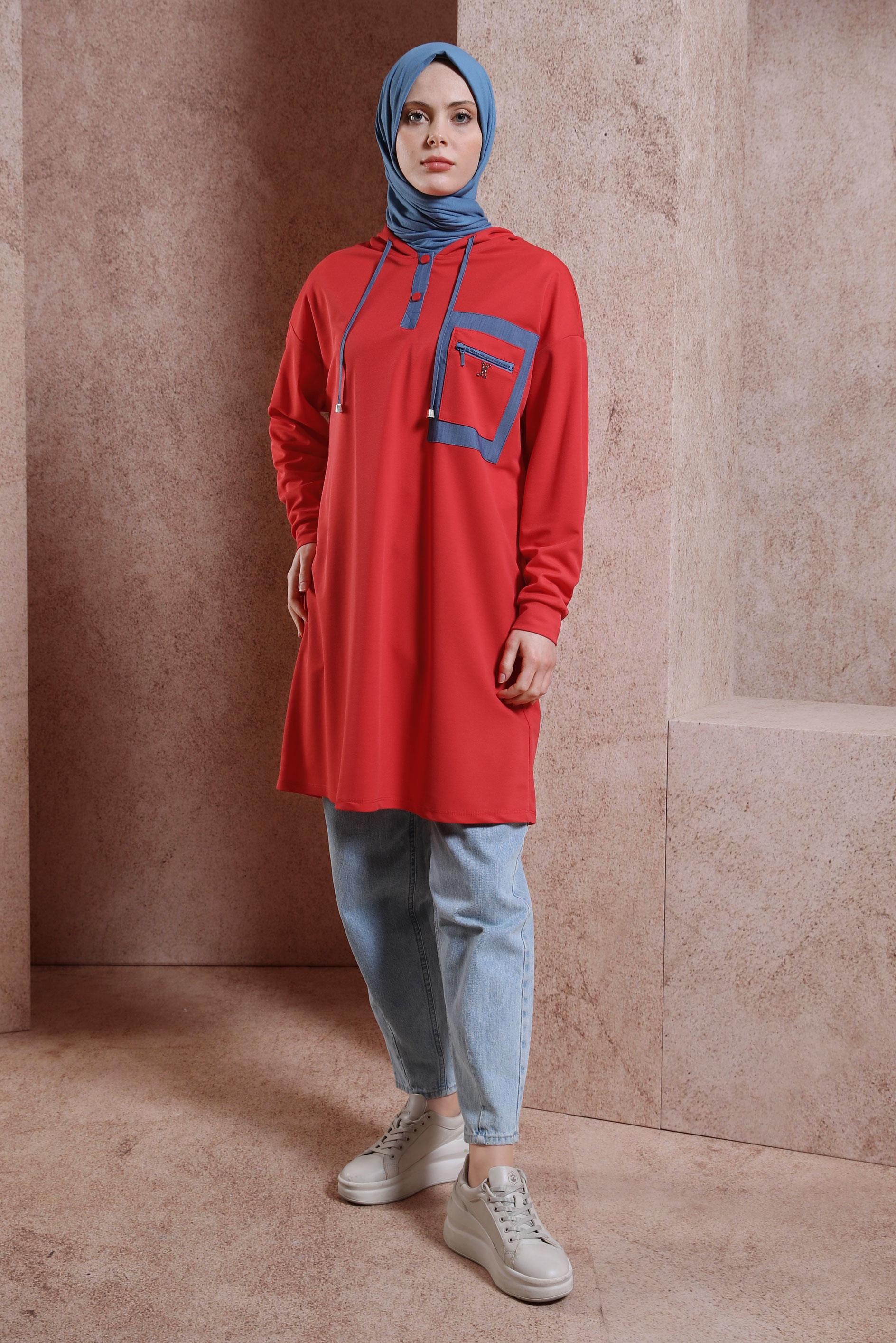 Tesettür giyim KIRMIZI KAPÜŞONLU EŞOFMAN TUNİK 43846