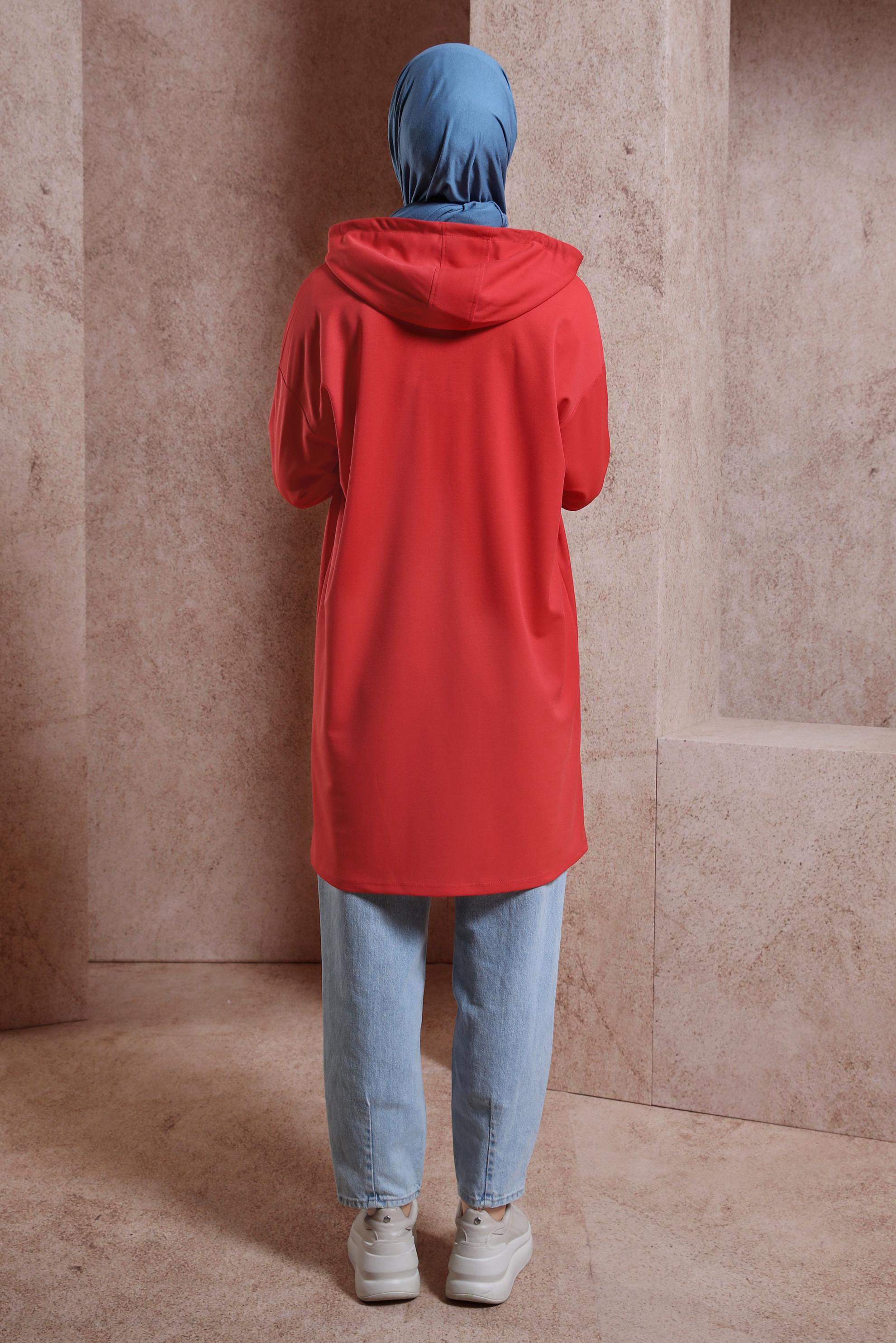 Tesettür giyim KIRMIZI KAPÜŞONLU EŞOFMAN TUNİK 43846