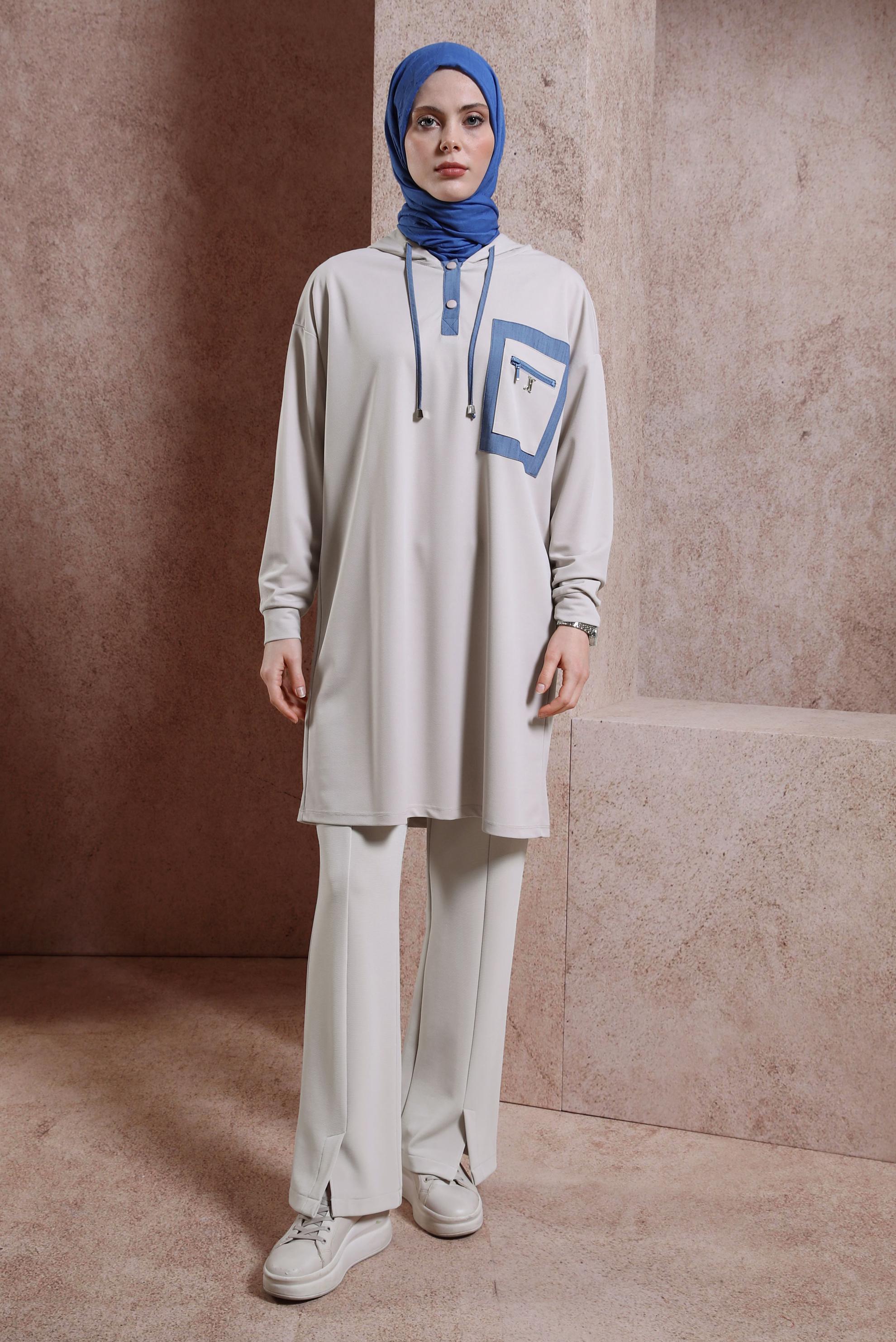 Tesettür giyim BEJ KAPÜŞONLU EŞOFMAN TUNİK 43846