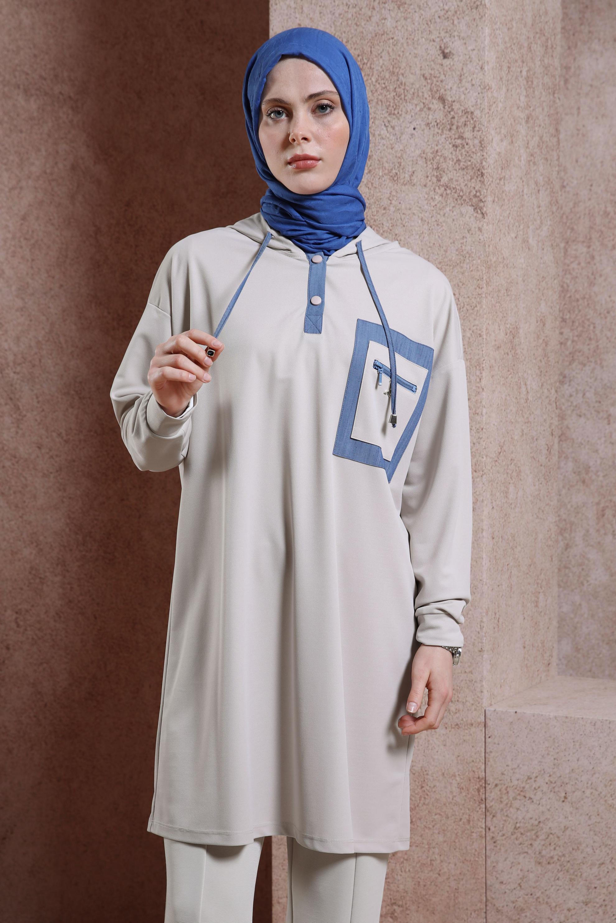 Tesettür giyim BEJ KAPÜŞONLU EŞOFMAN TUNİK 43846