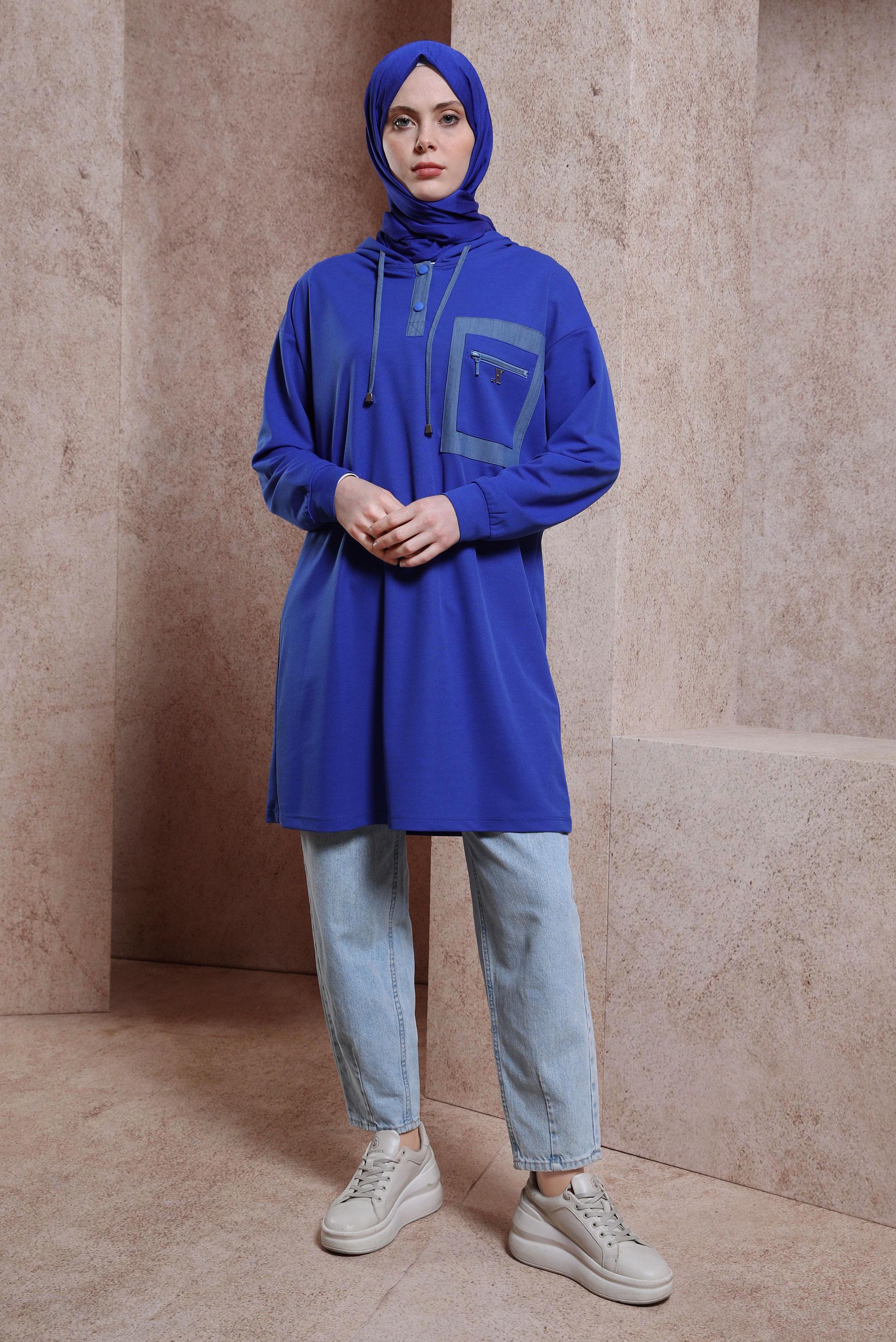 Tesettür giyim LACİVERT KAPÜŞONLU EŞOFMAN TUNİK 43846