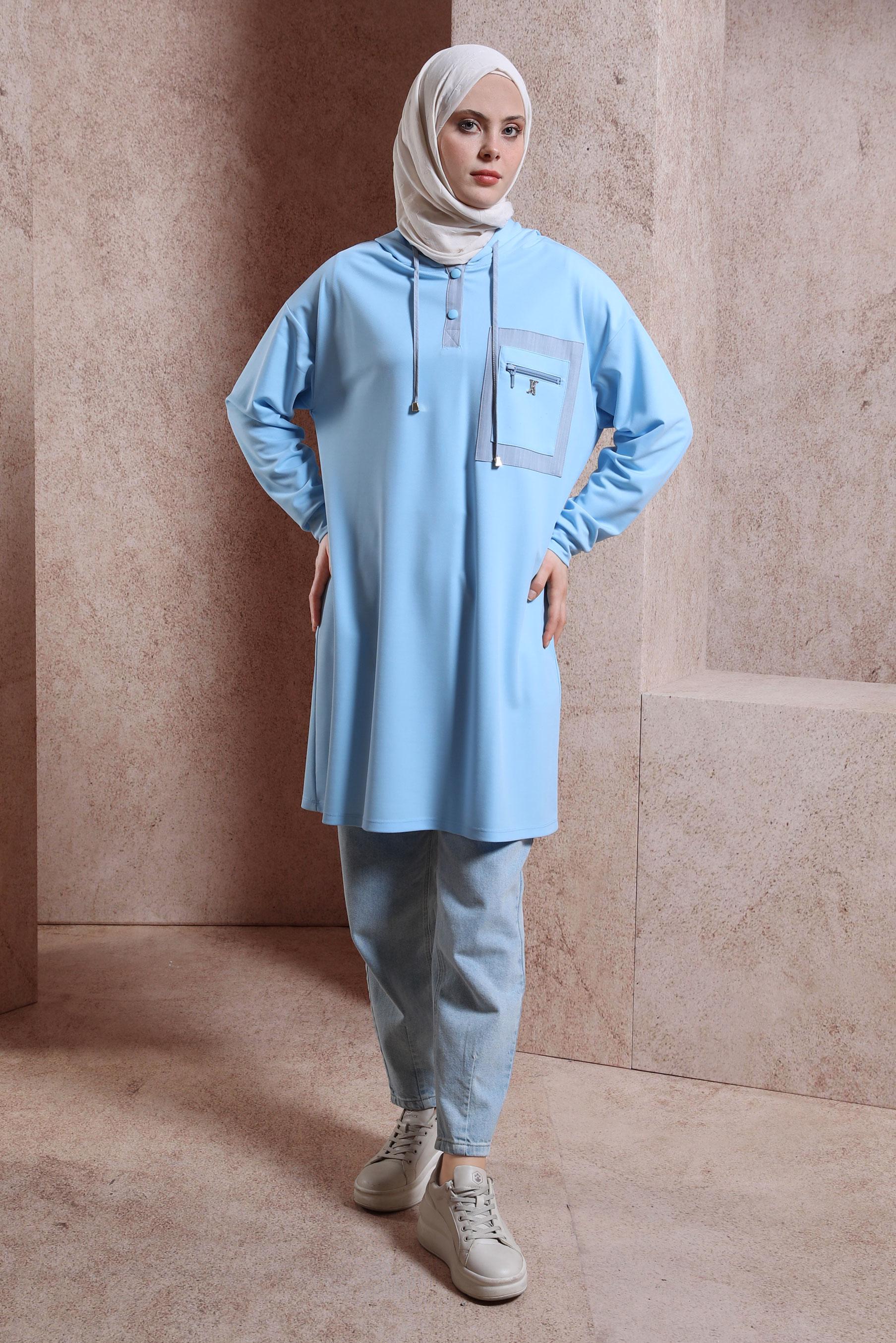 Tesettür giyim MAVİ KAPÜŞONLU EŞOFMAN TUNİK 43846