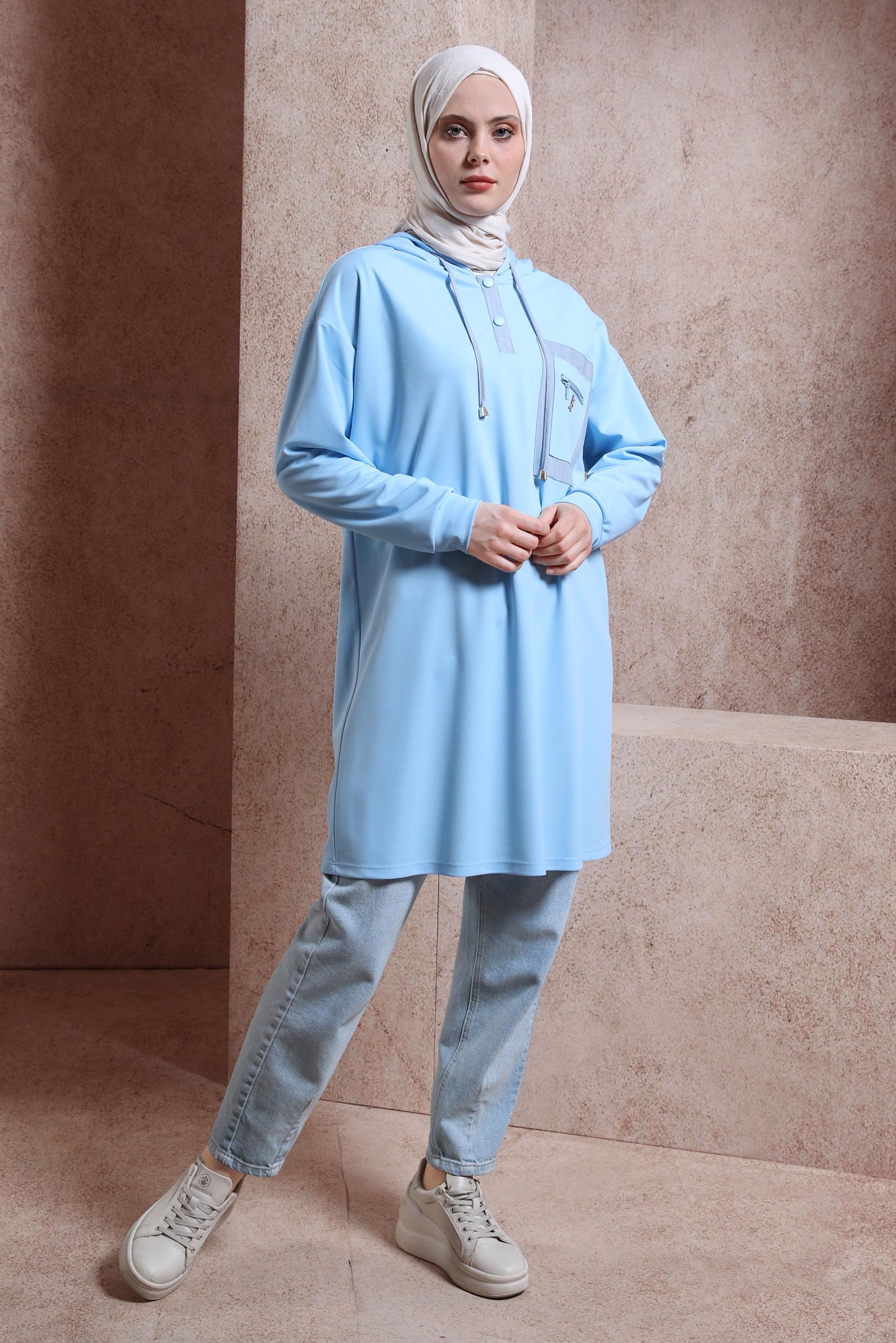 Tesettür giyim MAVİ KAPÜŞONLU EŞOFMAN TUNİK 43846