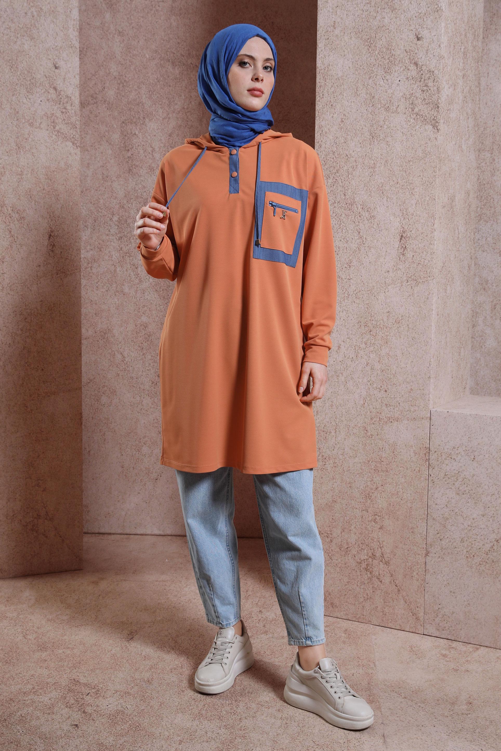 Tesettür giyim TURUNCU KAPÜŞONLU EŞOFMAN TUNİK 43846