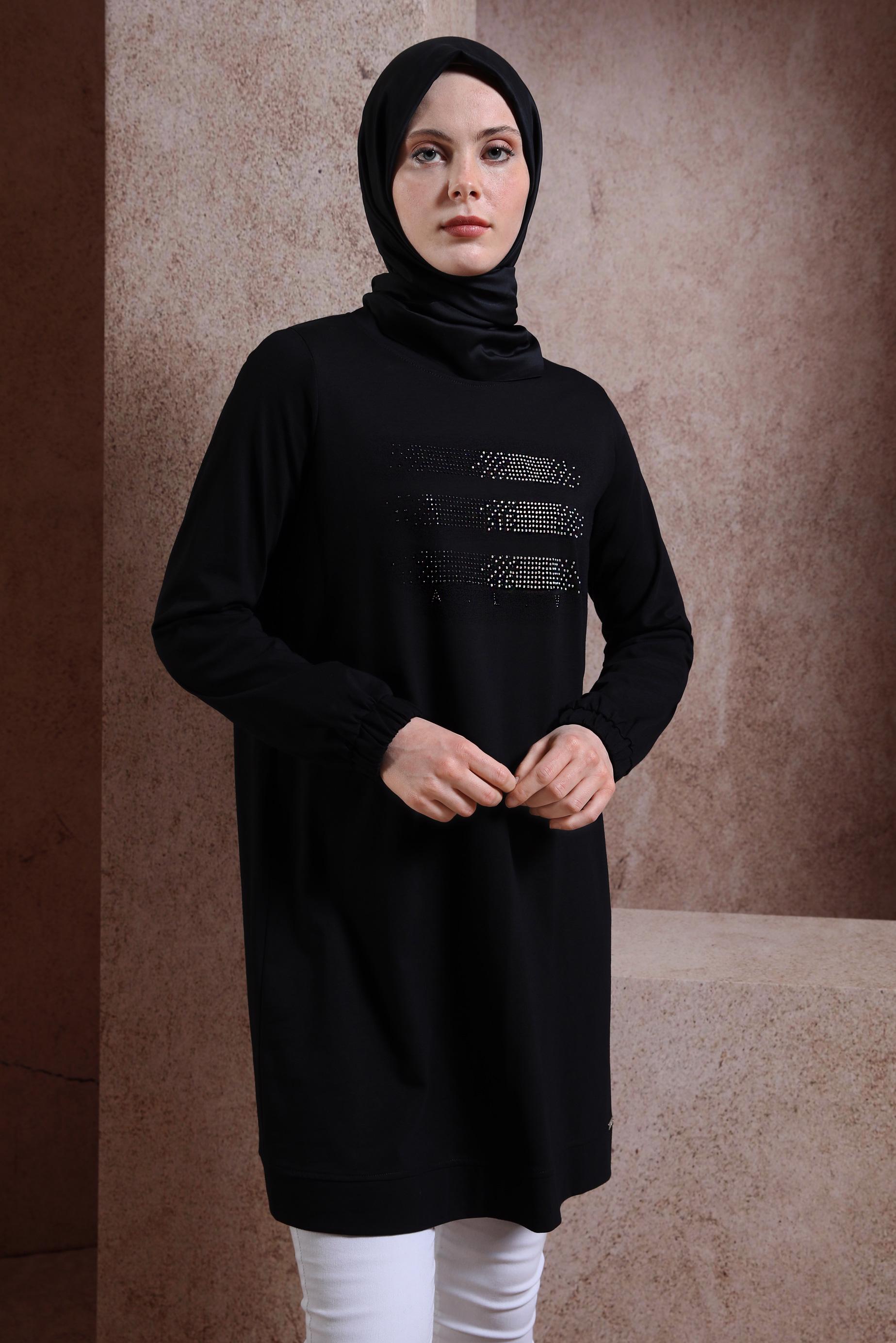 Tesettür giyim SİYAH TAŞLI EŞOFMAN TUNİK 43847