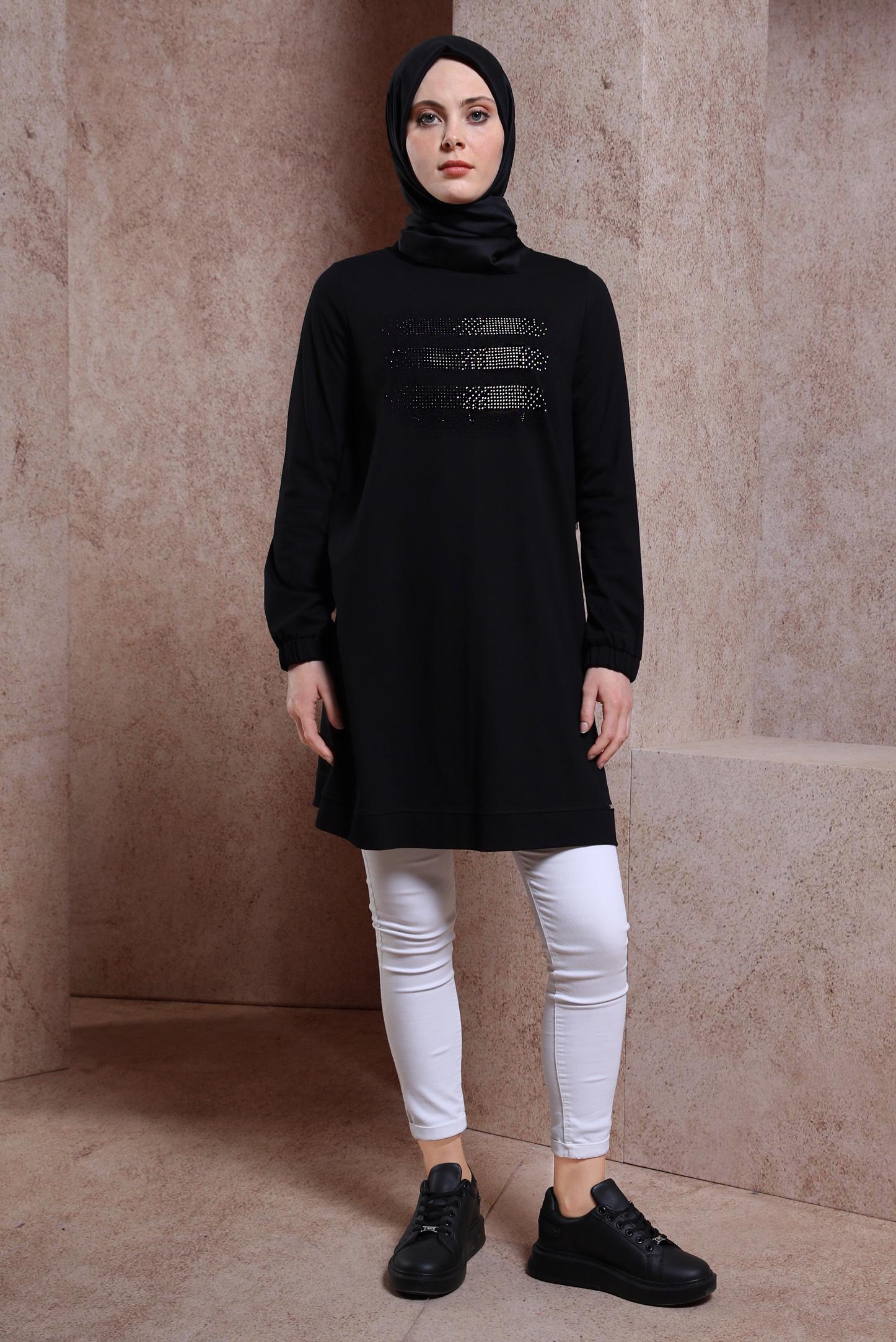 Tesettür giyim SİYAH TAŞLI EŞOFMAN TUNİK 43847