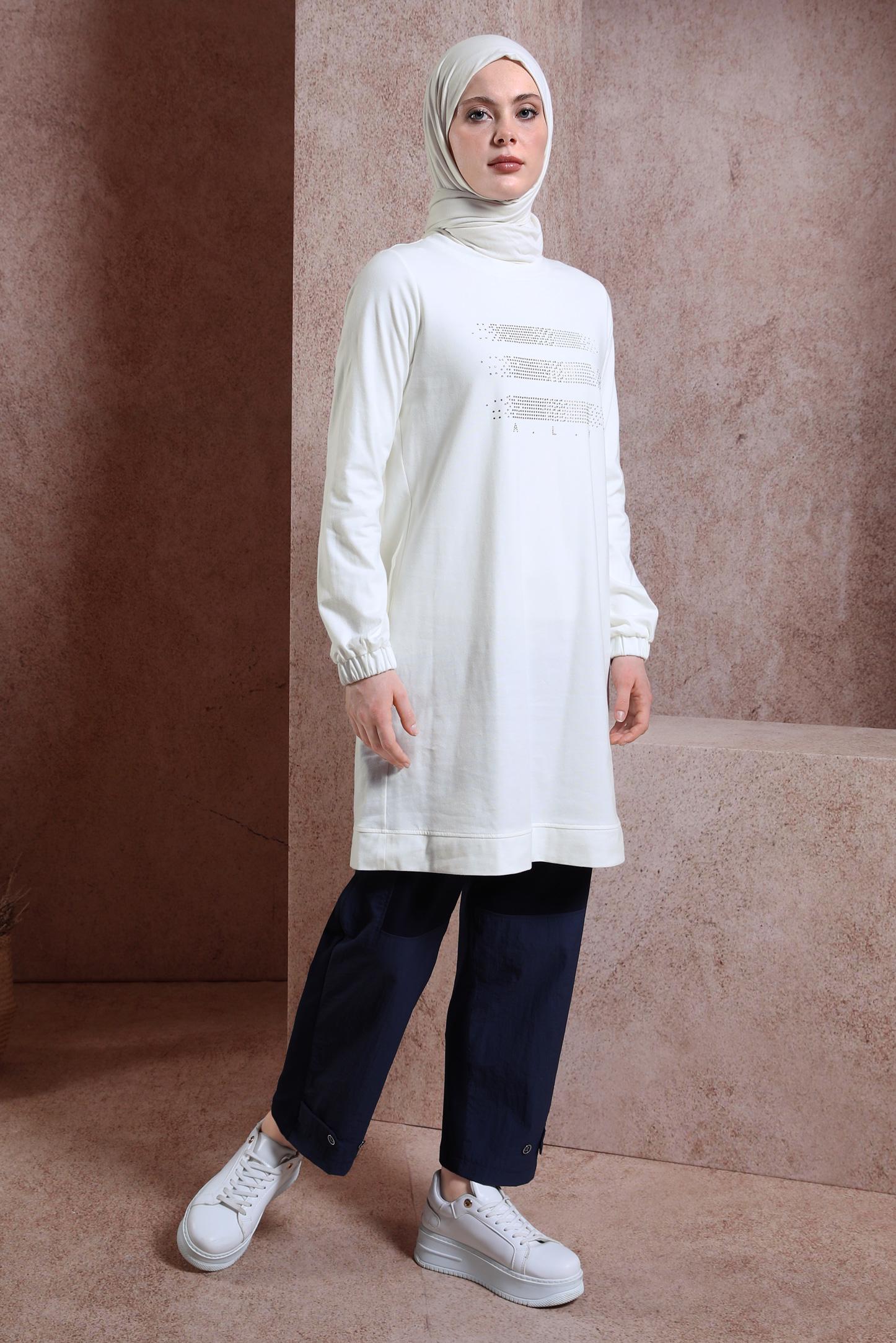 Tesettür giyim BEYAZ TAŞLI EŞOFMAN TUNİK 43847