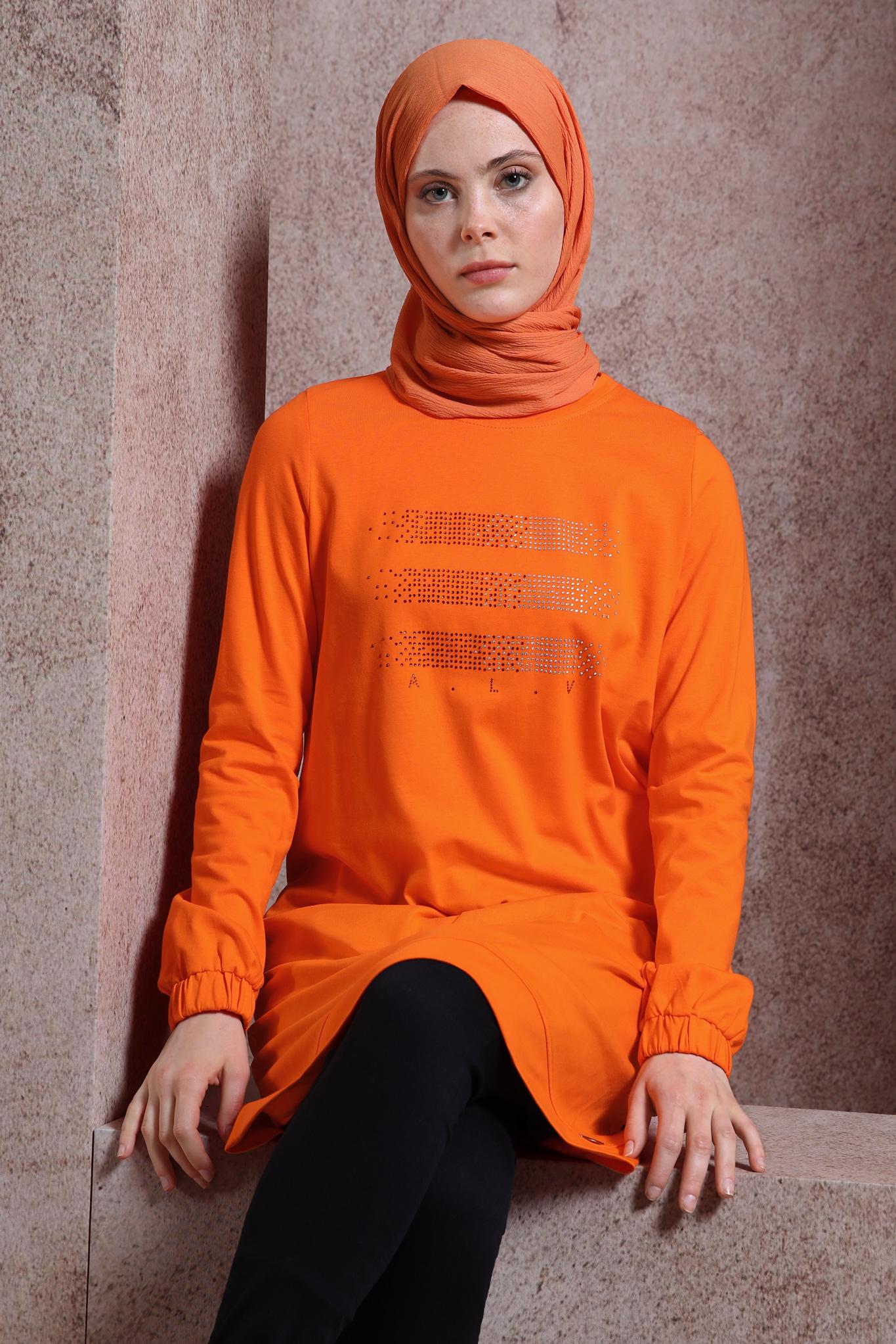 Tesettür giyim TURUNCU TAŞLI EŞOFMAN TUNİK 43847