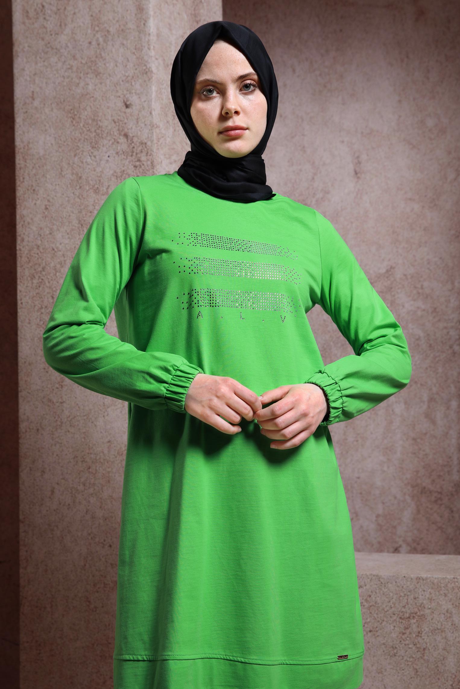 Tesettür giyim YEŞİL TAŞLI EŞOFMAN TUNİK 43847