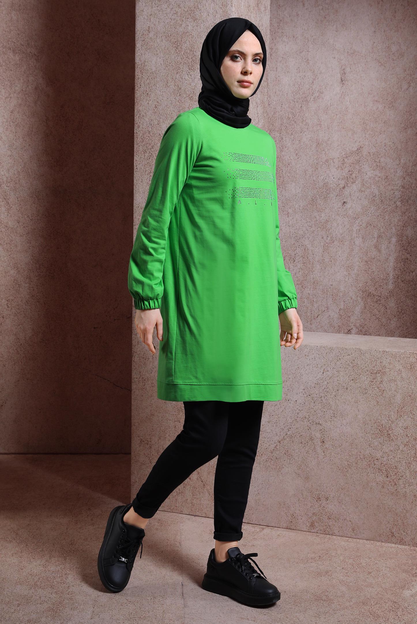 Tesettür giyim YEŞİL TAŞLI EŞOFMAN TUNİK 43847