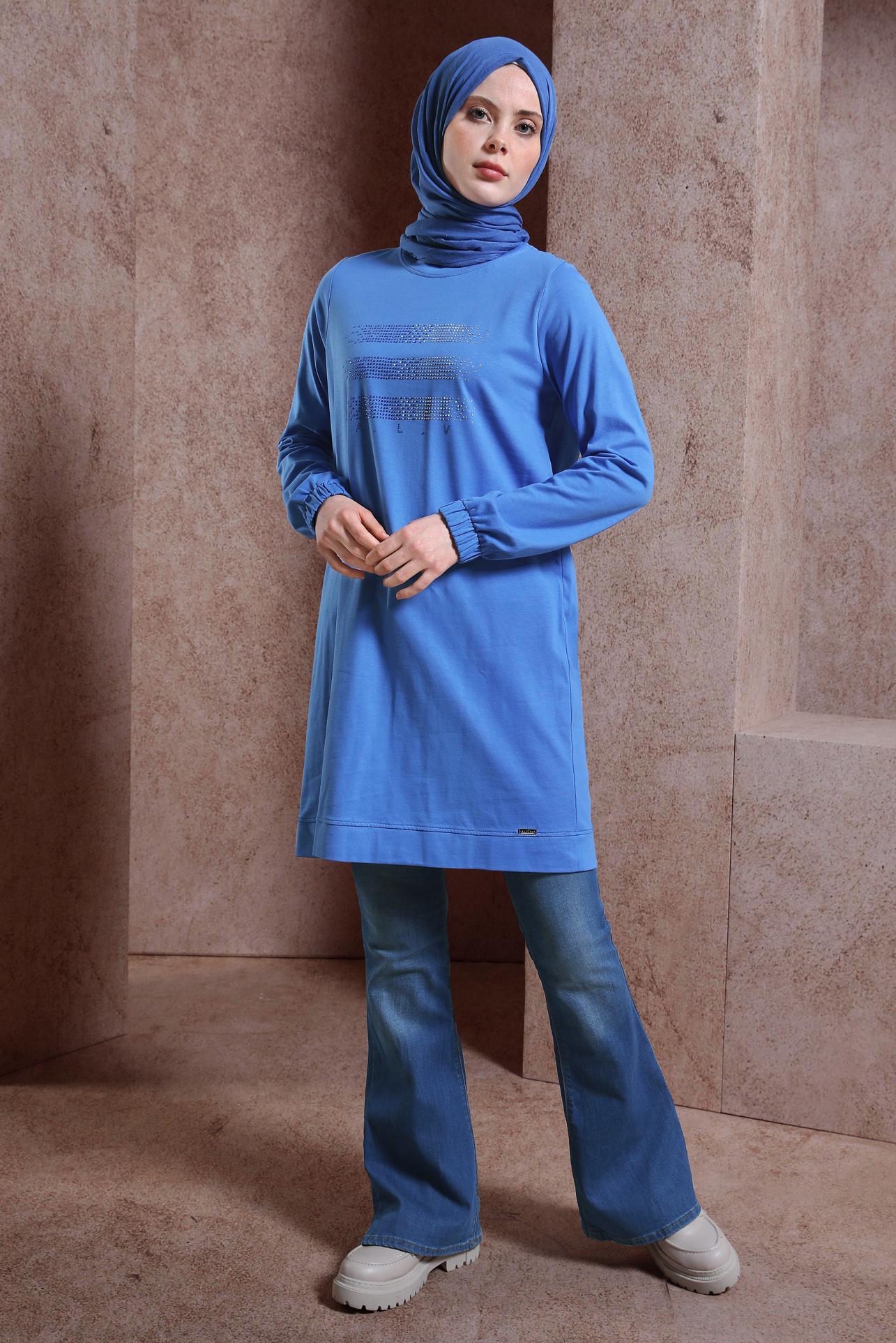 Tesettür giyim MAVİ TAŞLI EŞOFMAN TUNİK 43847