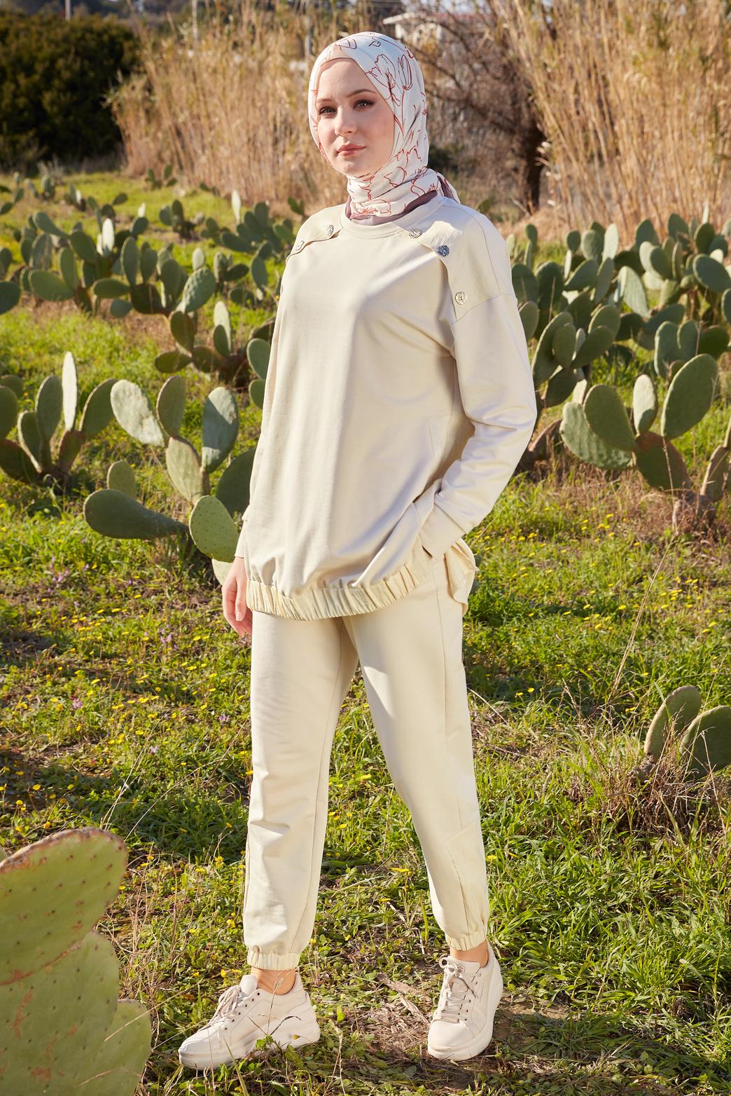 Tesettür giyim BEJ PANTOLONLU EŞOFMAN TAKIM 44400