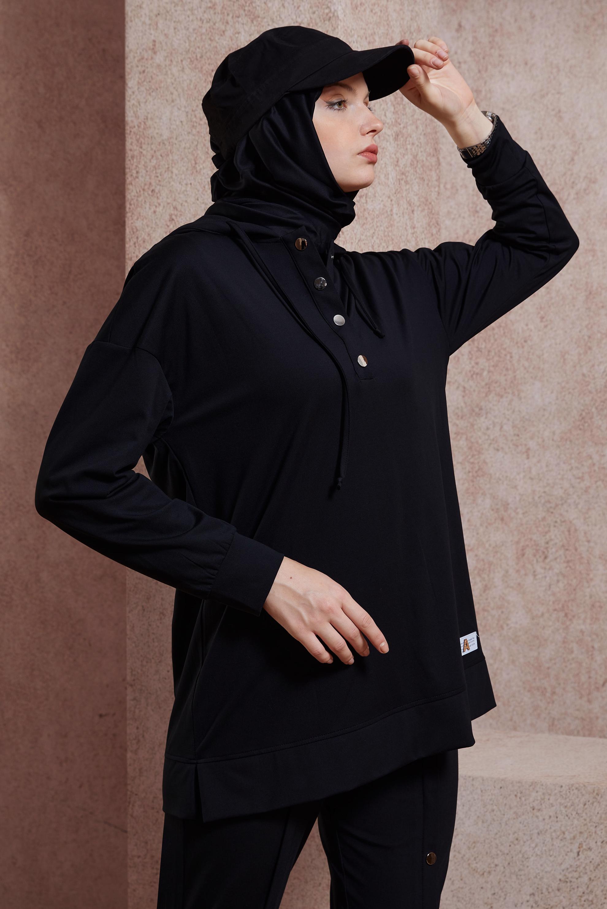 Tesettür giyim SİYAH KAPÜŞONLU PANTOLONLU EŞOFMAN TAKIM 44406