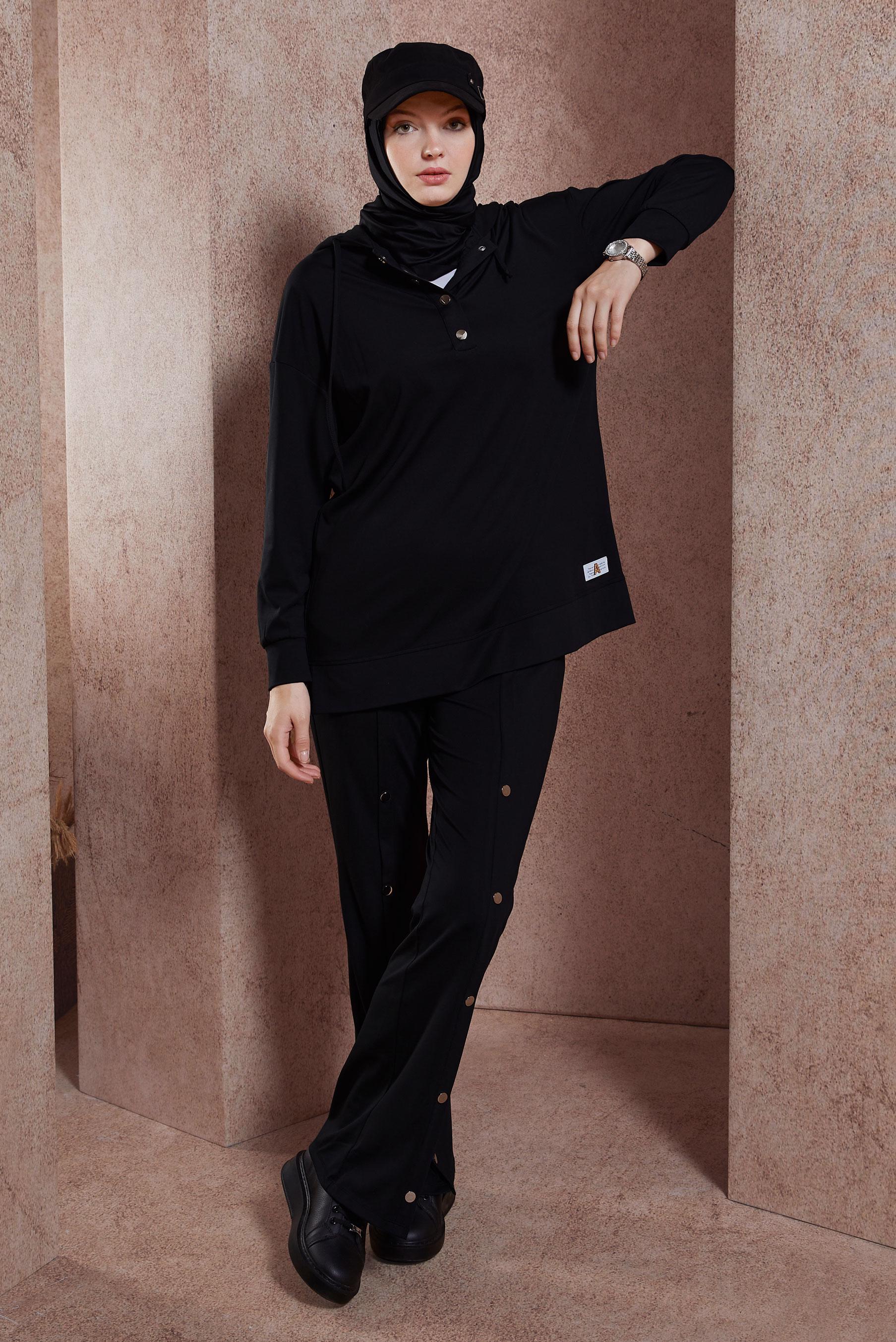 Tesettür giyim SİYAH KAPÜŞONLU PANTOLONLU EŞOFMAN TAKIM 44406