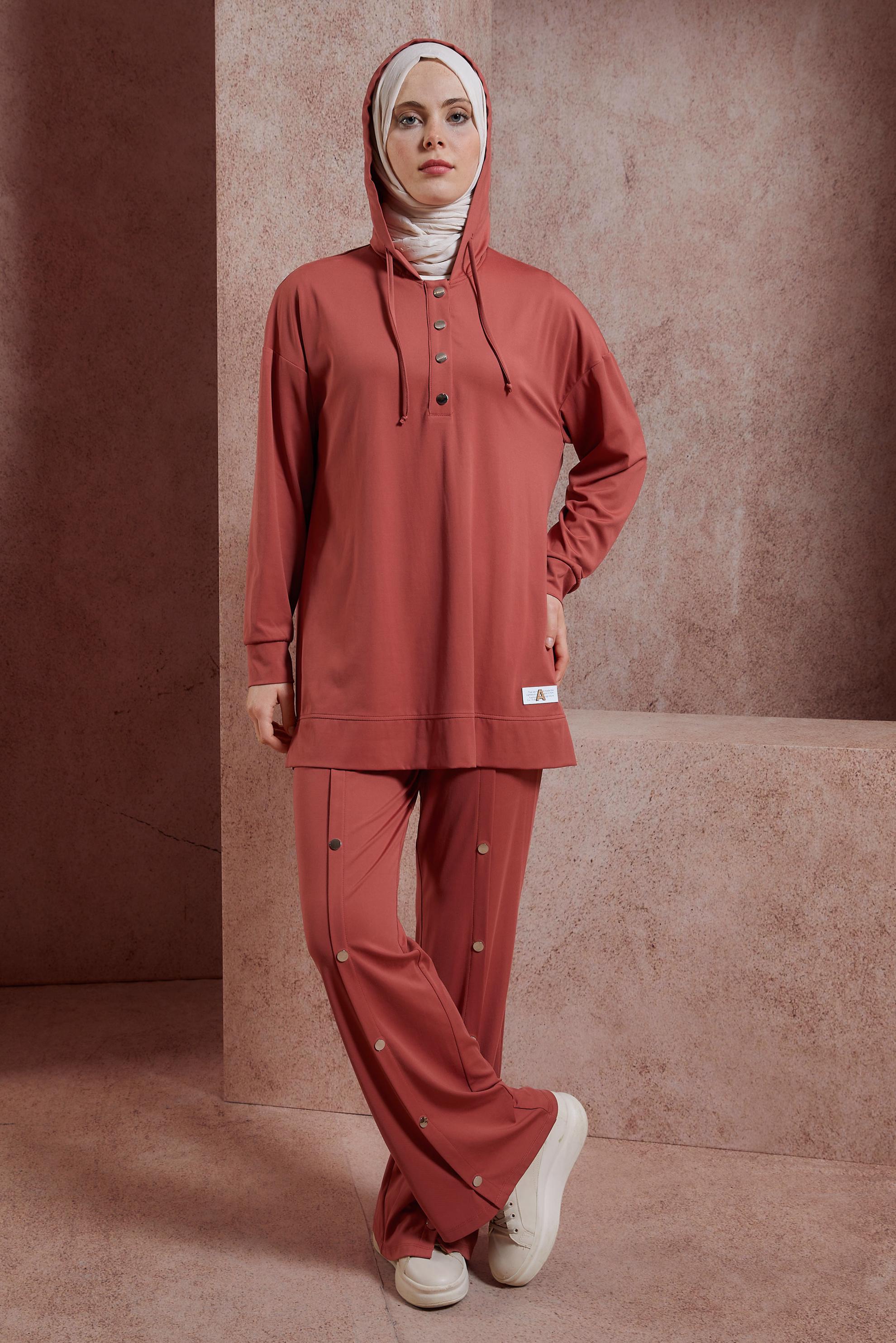 Tesettür giyim TURUNCU KAPÜŞONLU PANTOLONLU EŞOFMAN TAKIM 44406