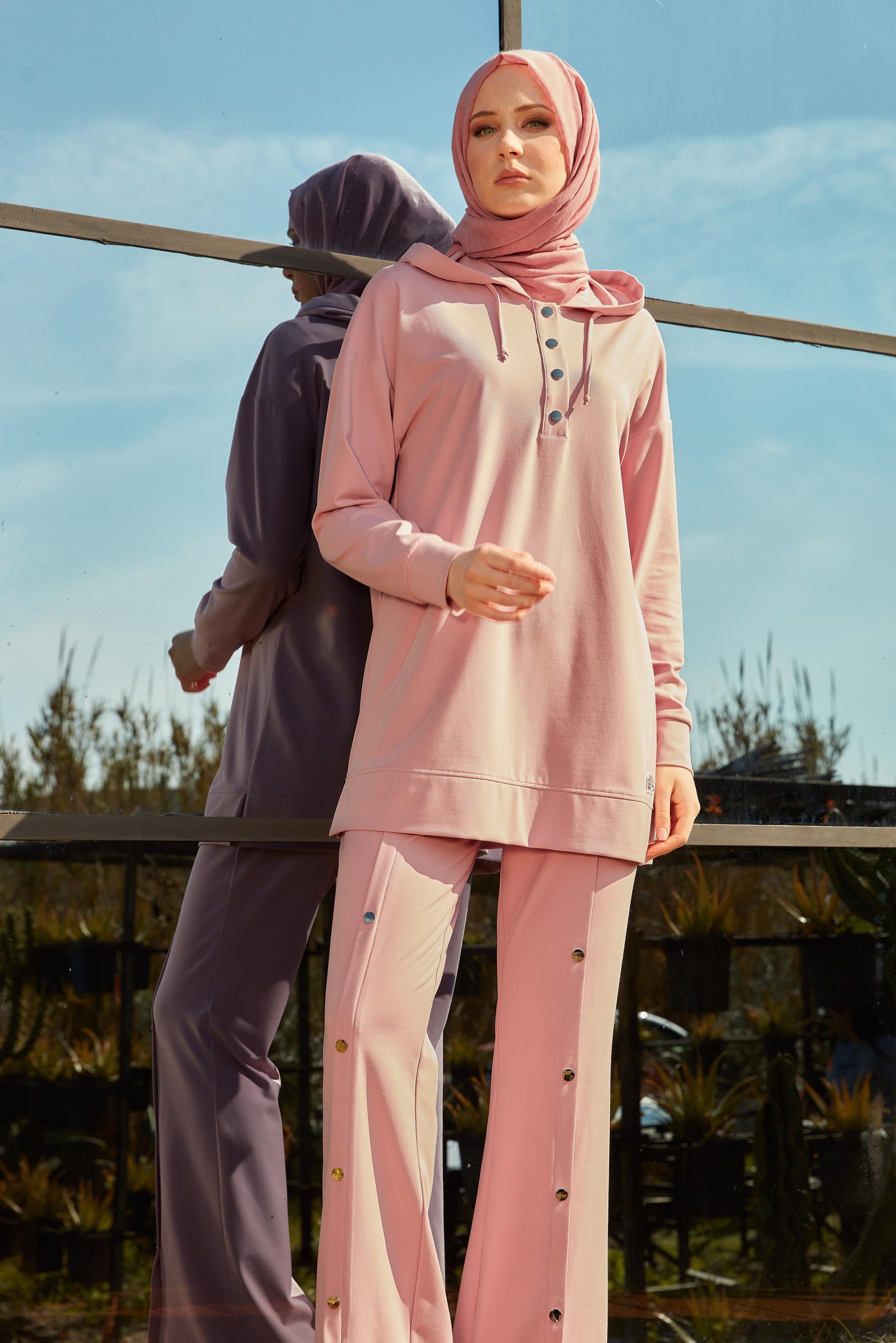 Tesettür giyim PUDRA KAPÜŞONLU PANTOLONLU EŞOFMAN TAKIM 44406
