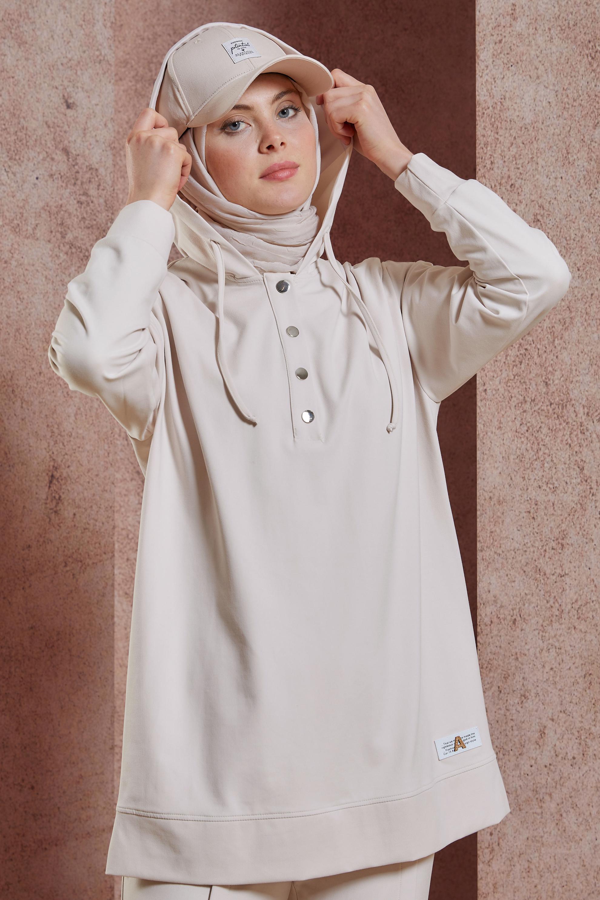 Tesettür giyim EKRU KAPÜŞONLU PANTOLONLU EŞOFMAN TAKIM 44406