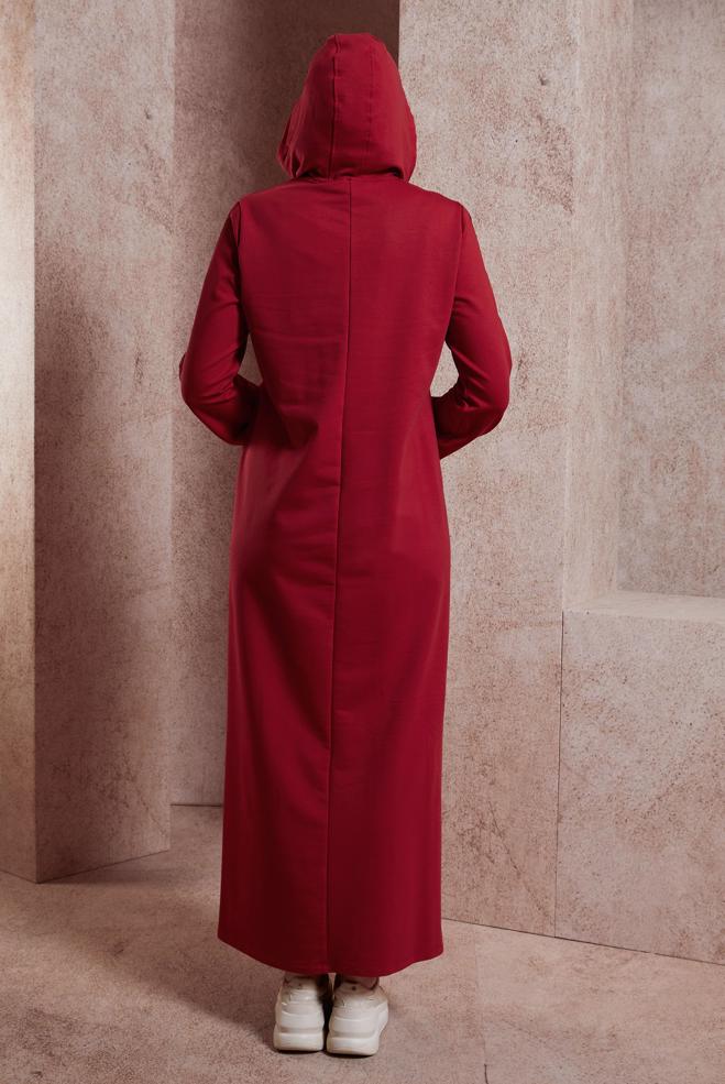 Tesettür giyim KIRMIZI KAPÜŞONLU EŞOFMAN ELBİSE 44407 - ALVİNA